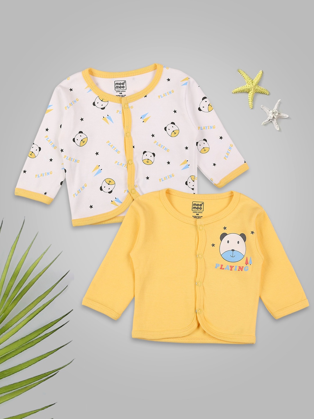 

MeeMee Infant Pack Of 2 Yellow & White Printed Cotton Innerwear Jhabla Vests