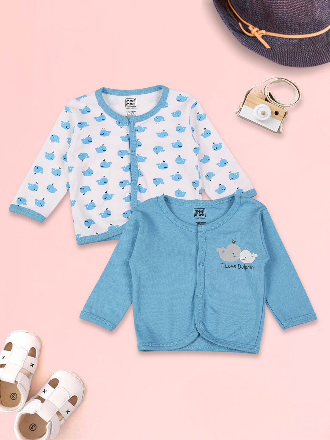 

MeeMee Unisex Kids Pack Of 2 Blue & White Printed Cotton Jhablas