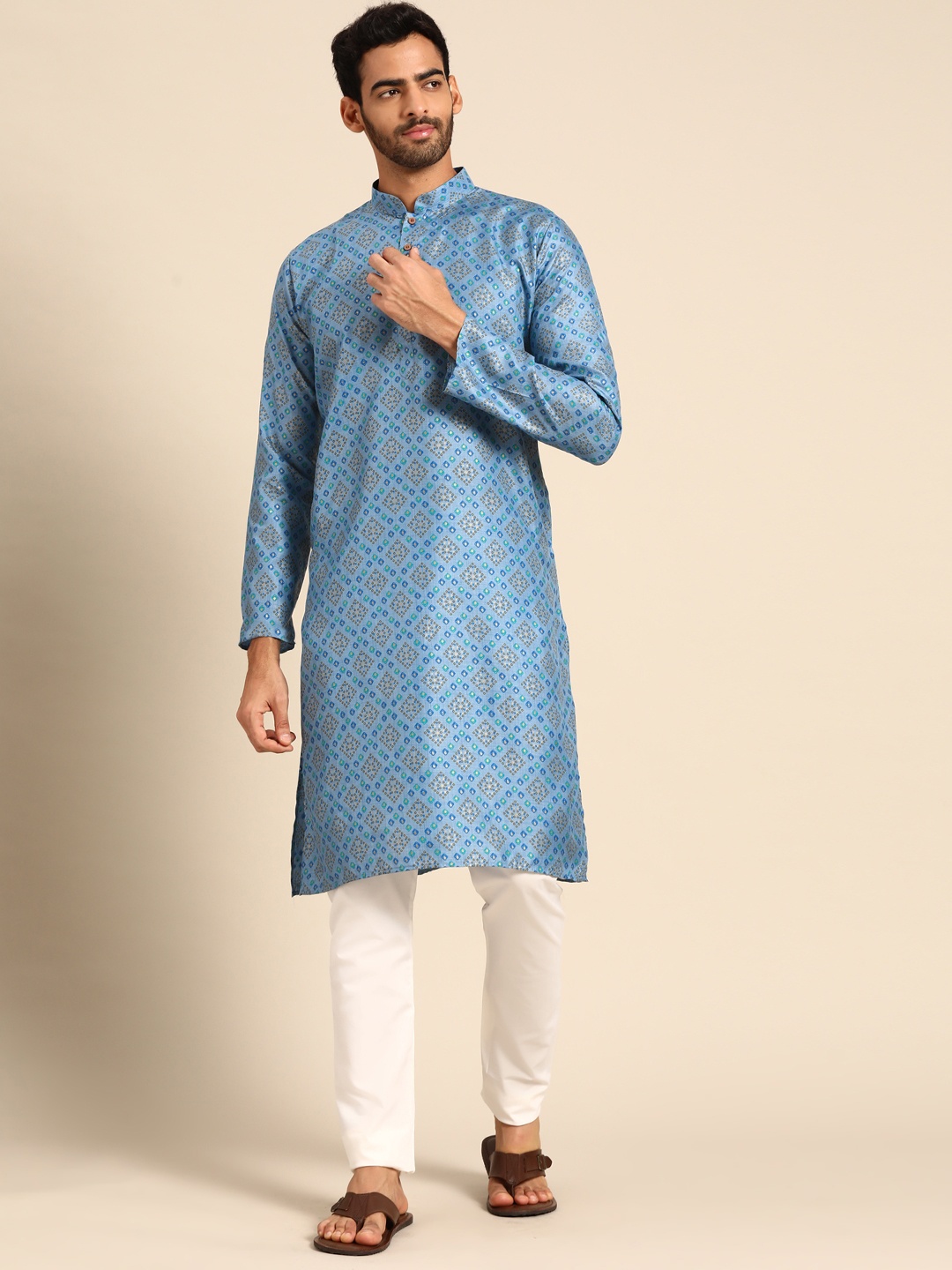 

RAJUBHAI HARGOVINDAS Men Blue & Brown Geometric Printed Cotton Kurta