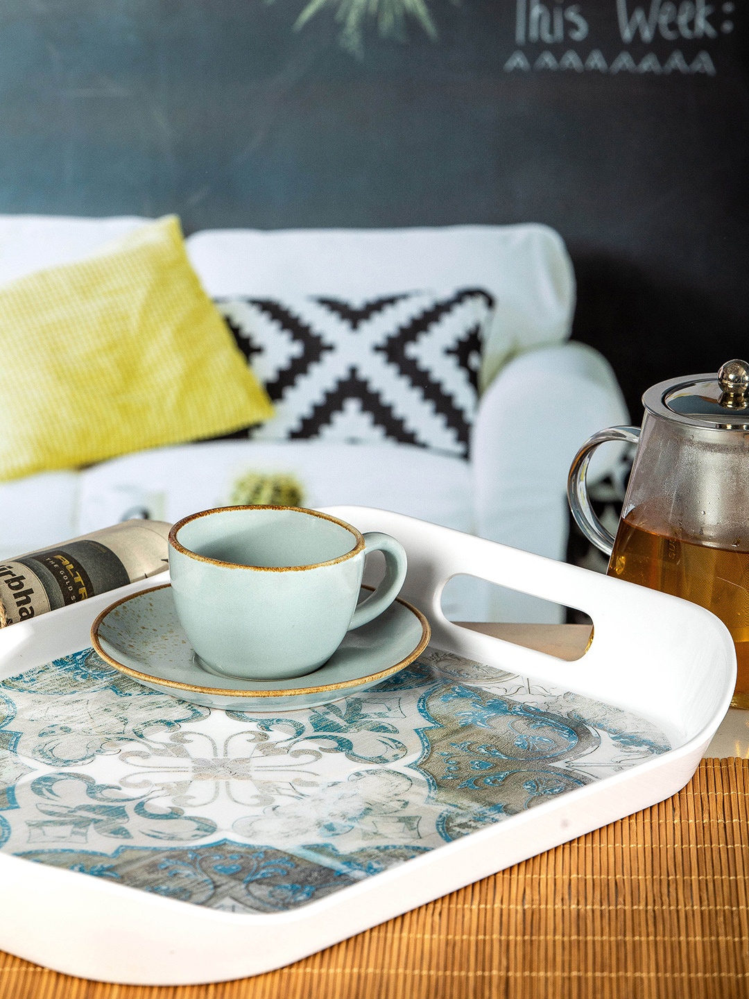 

Stehlen White & Blue Printed Rectangular Melamine Serving Tray