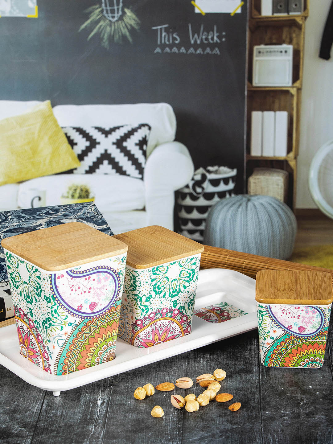 

Stehlen Set Of 3 White Printed Canisters With Wooden Lid &Tray