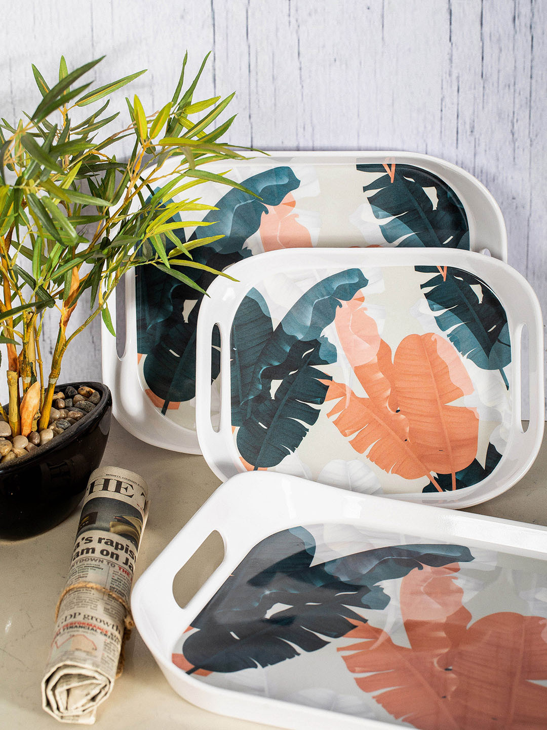 

Stehlen Set of 3 Orange & Green Printed Melamine Serving Tray, White