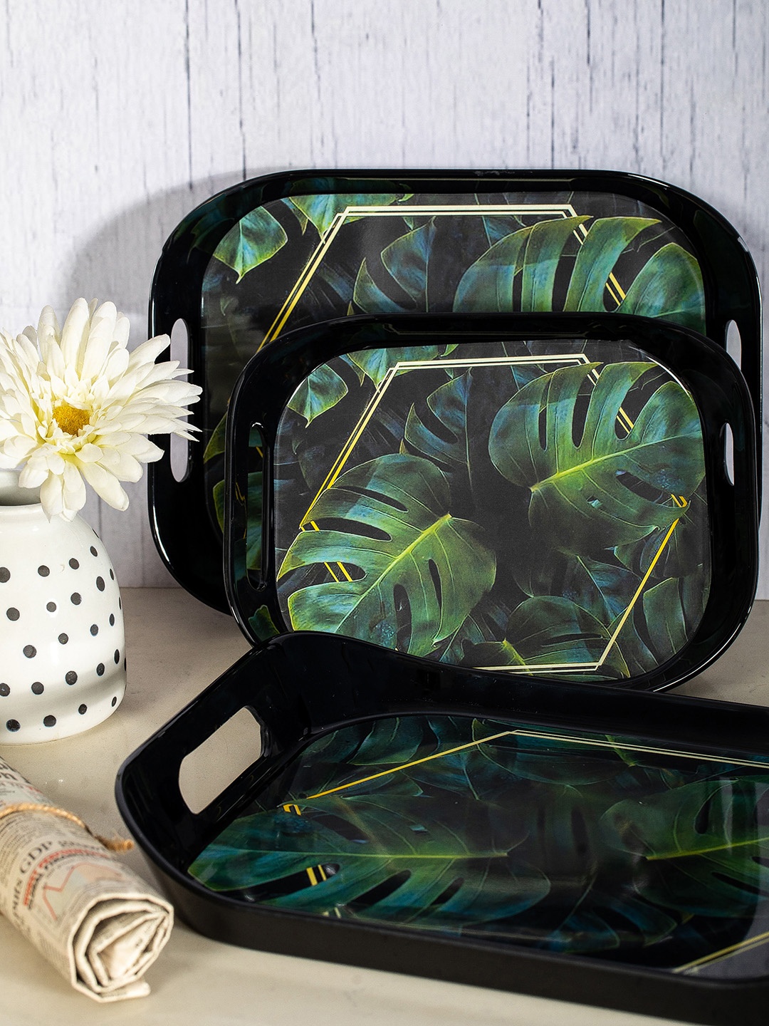 

Stehlen Set of 3 Green & Black Printed Melamine Serving Trays