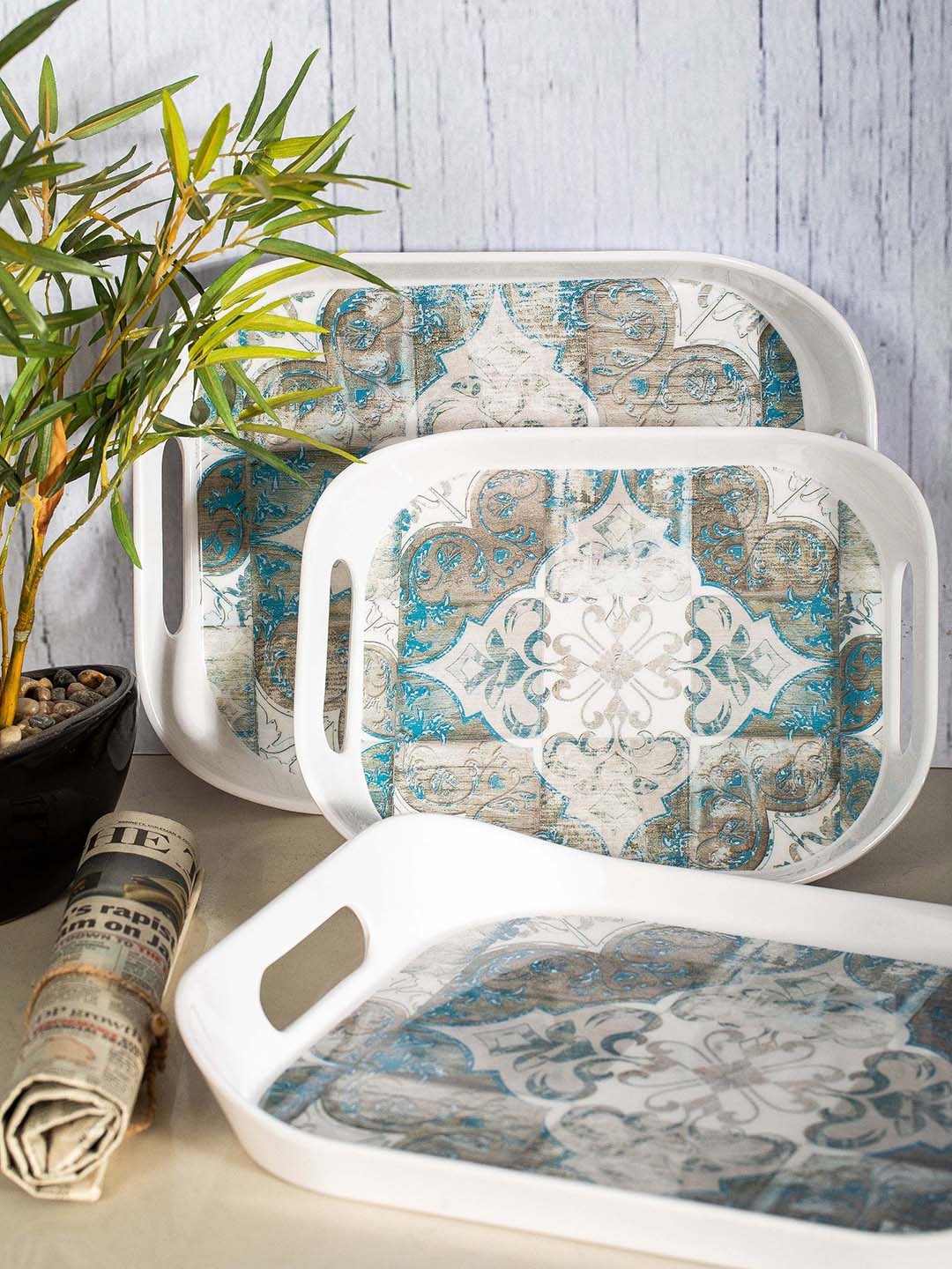 

Stehlen Set of 3 Grey & Blue Printed Melamine Serving Trays