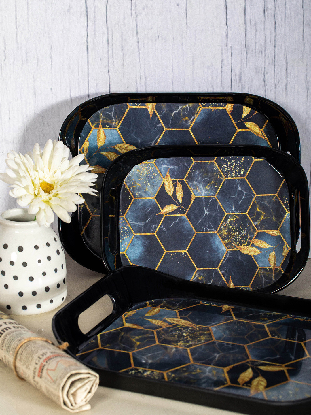 

Stehlen Set of 3 Blue & Gold Printed Melamine Serving Trays