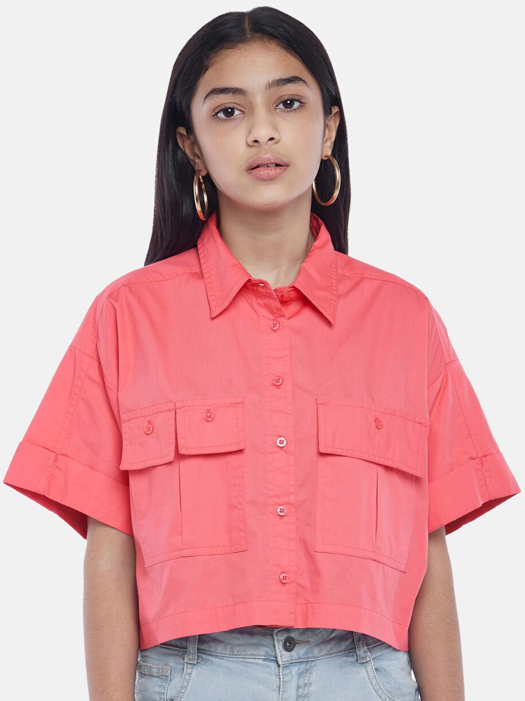 

Coolsters by Pantaloons Girls Coral Extended Sleeves Shirt Style Crop Top