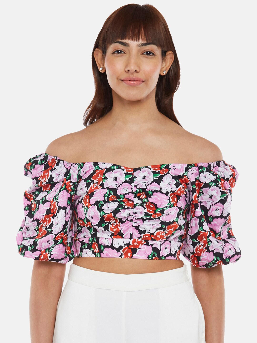 

Honey by Pantaloons Black & Purple Floral Print Off-Shoulder Bardot Crop Top