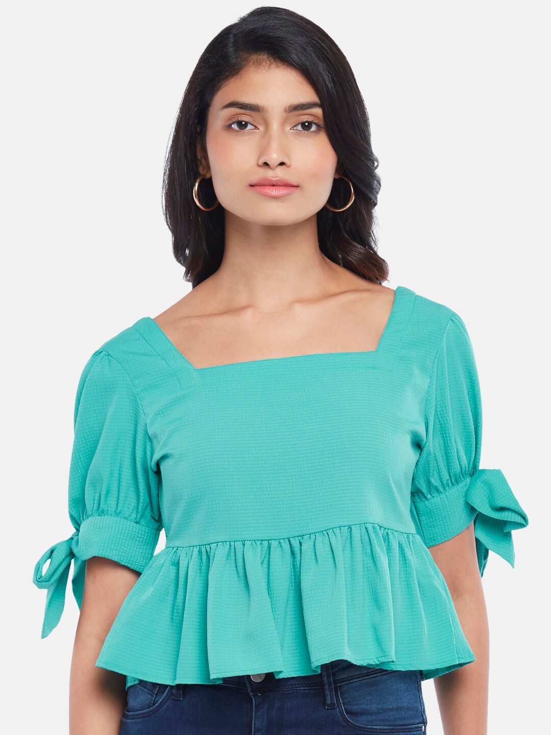 

People Teal Green Puffed Sleeve Peplum Top