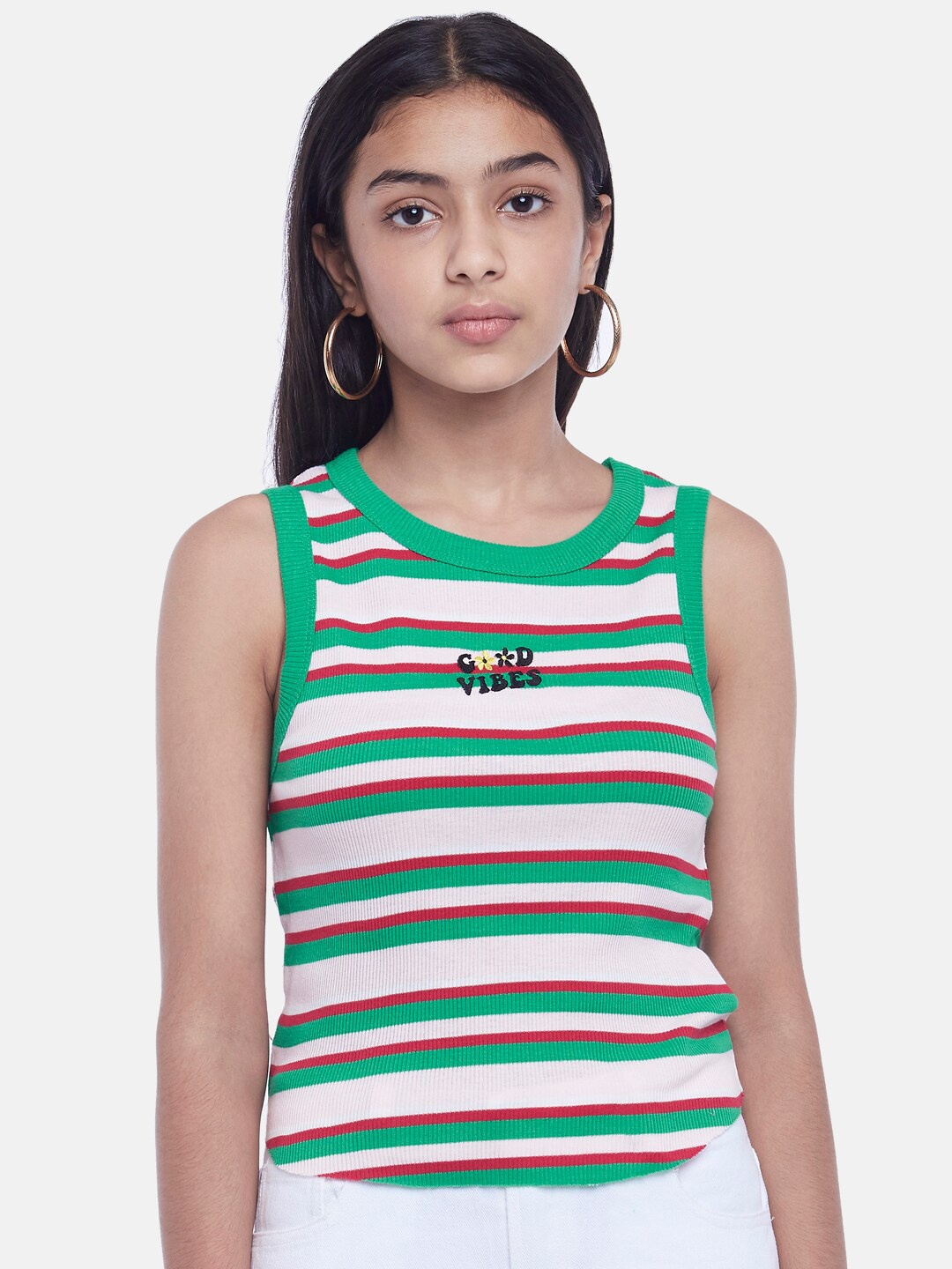 

Coolsters by Pantaloons Girls White & Green Striped Cotton T-shirt