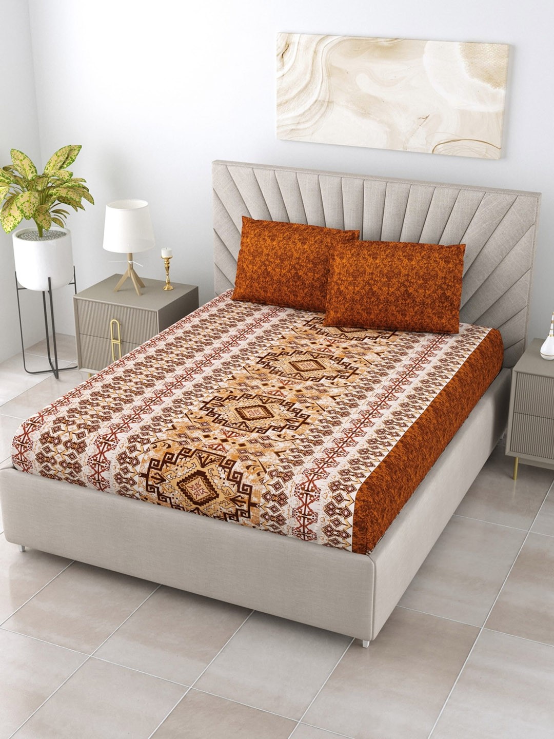 

Salona Bichona Mustard & Brown 120 TC Ethnic Pure Cotton Queen Bedsheet & 2 Pillow Covers