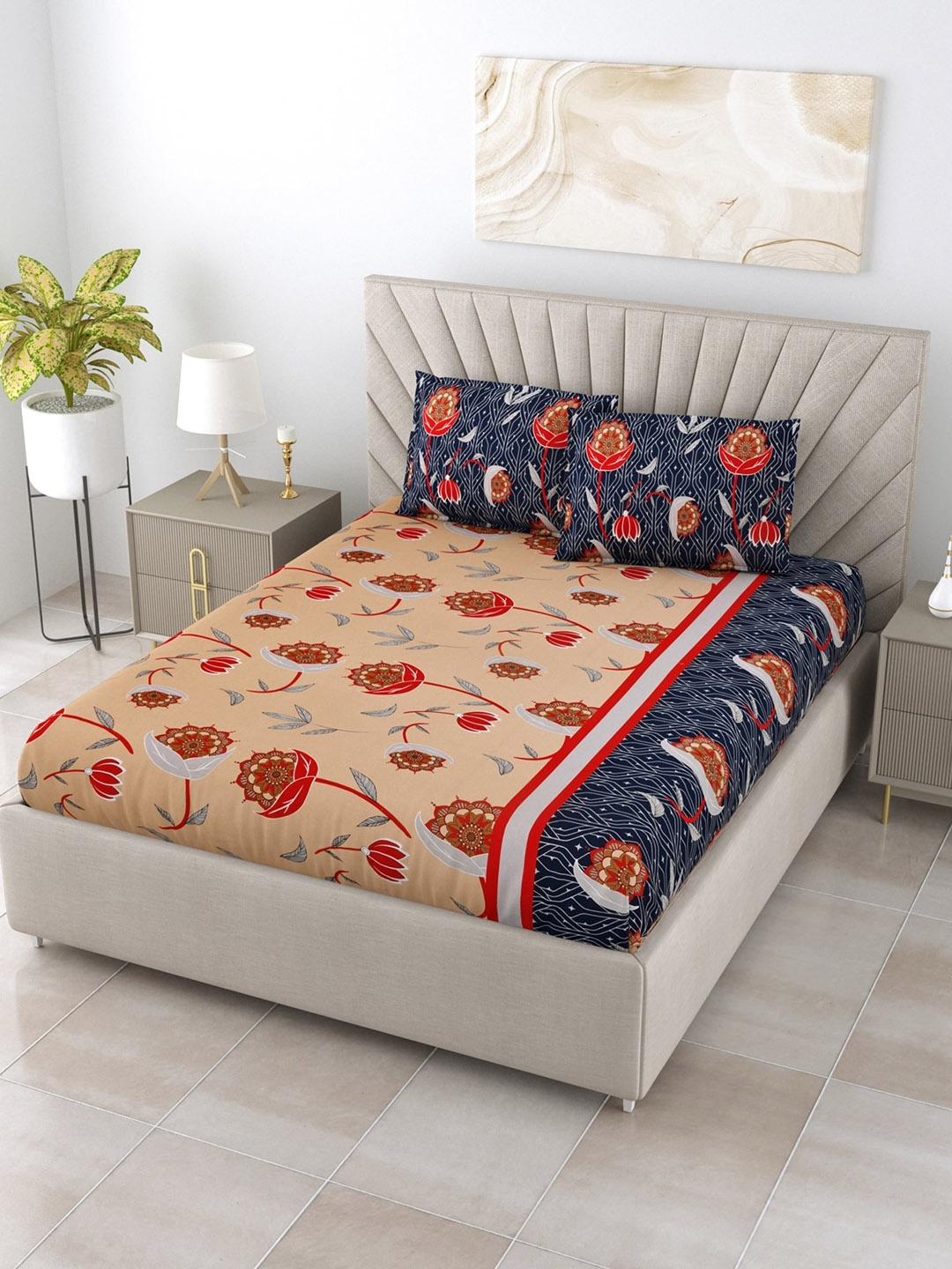 

Salona Bichona Beige & Navy Blue 120 TC Floral Pure Cotton Queen Bedsheet & 2 Pillow Cover