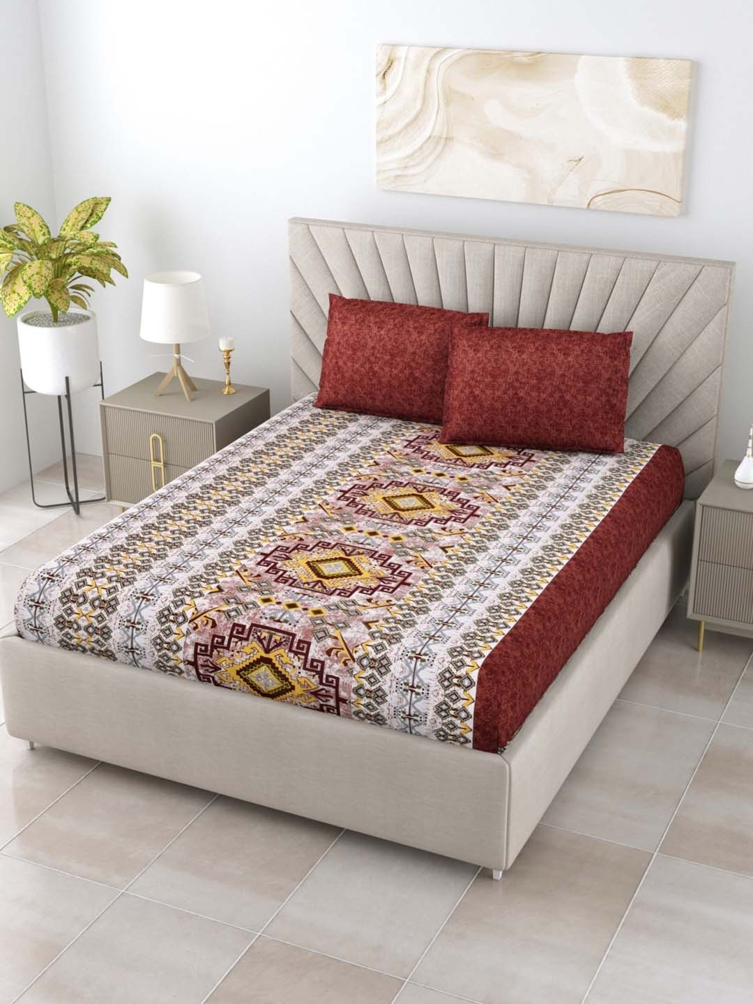 

Salona Bichona Maroon & Grey 120 TC Ethnic Pure Cotton Queen Bedsheet with 2 Pillow Covers
