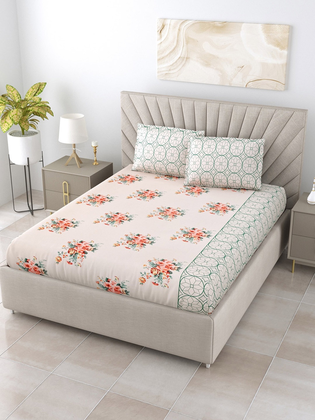 

Salona Bichona Beige & Pink 144 TC Floral Pure Cotton Queen Bedsheet with 2 Pillow Covers