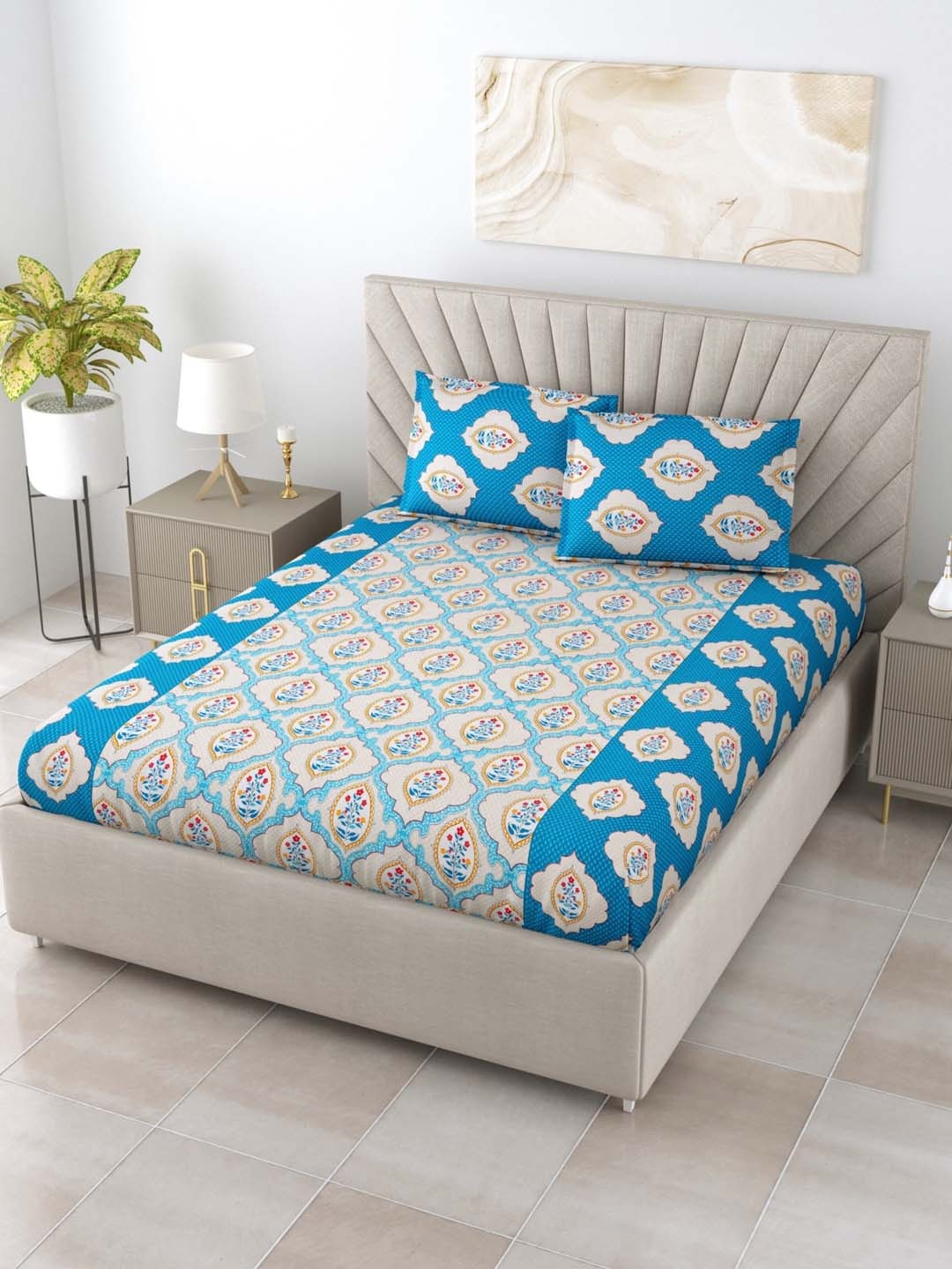 

Salona Bichona Ethnic Motifs 144 TC Cotton King Bedsheet with 2 Pillow Covers, Blue