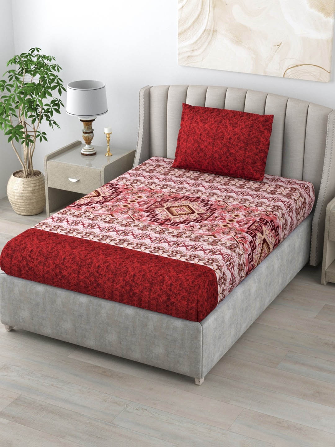 

Salona Bichona Grey & Maroon 120 TC Ethnic Pure Cotton Single Bedsheet with 1 Pillow Cover
