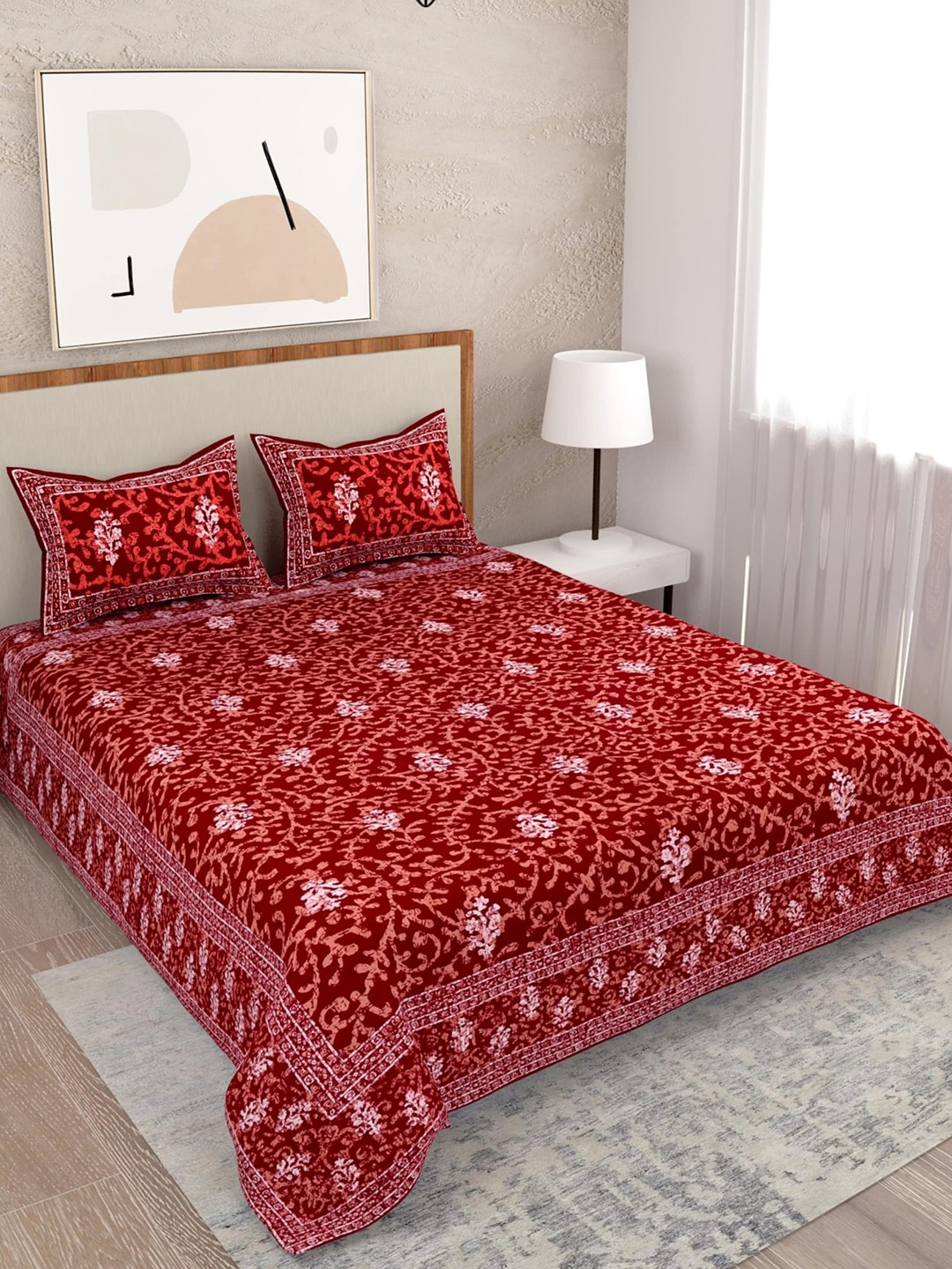 

Salona Bichona Red & White Ethnic 100% Cotton 120 TC Queen Bedsheet with 2 Pillow Covers