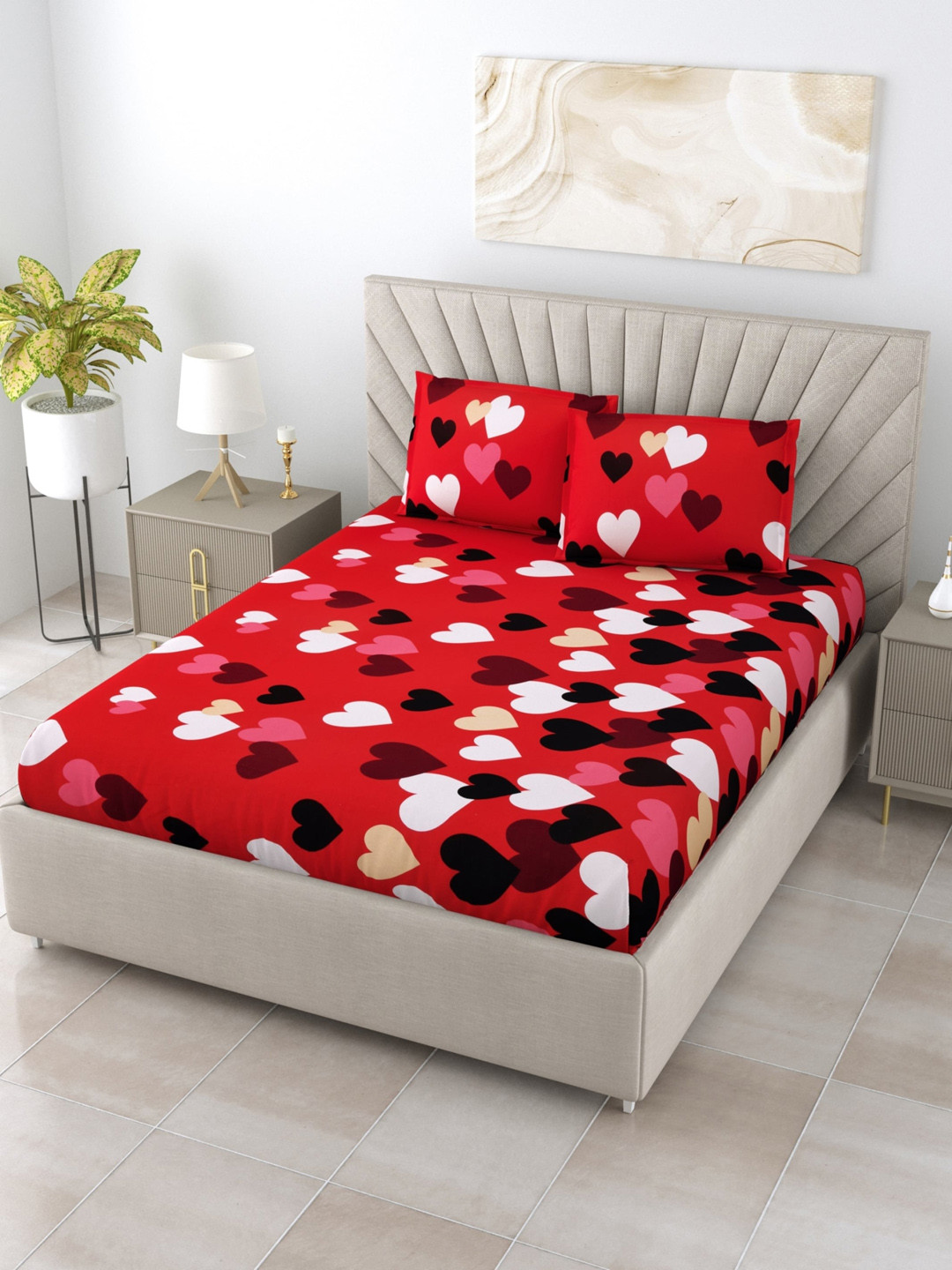 

Salona Bichona Red & White 120 TC Graphic Pure Cotton Queen Bedsheet with 2 Pillow Covers