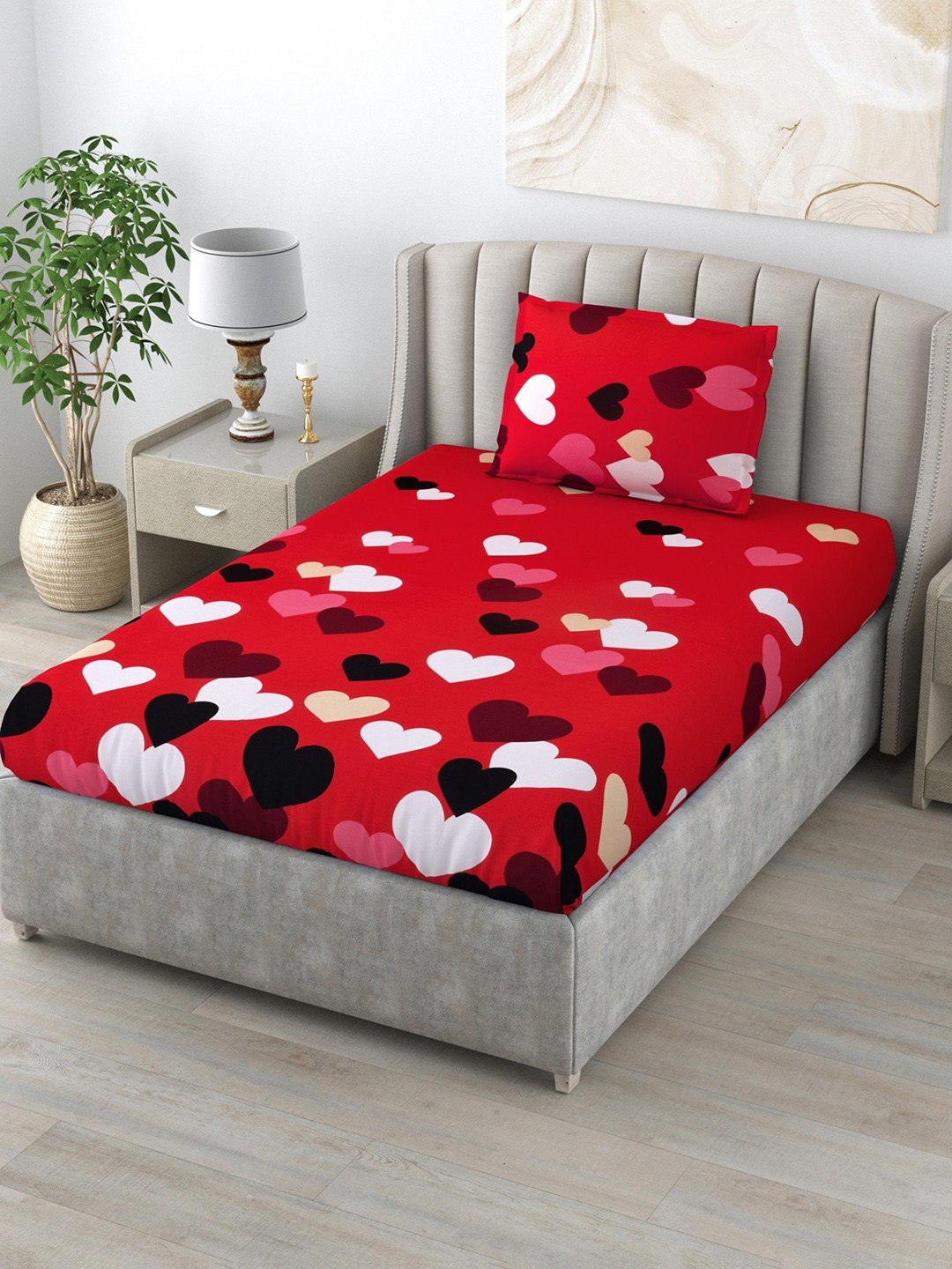 

Salona Bichona Red & White 120 TC Graphic Pure Cotton Single Bedsheet with 1 Pillow Cover
