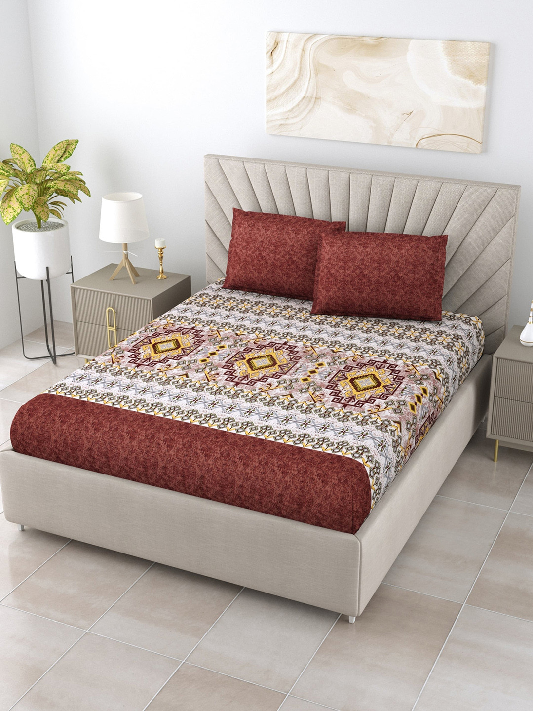 

Salona Bichona Maroon & White 120 TC Ethnic Pure Cotton King Bedsheet with 2 Pillow Covers