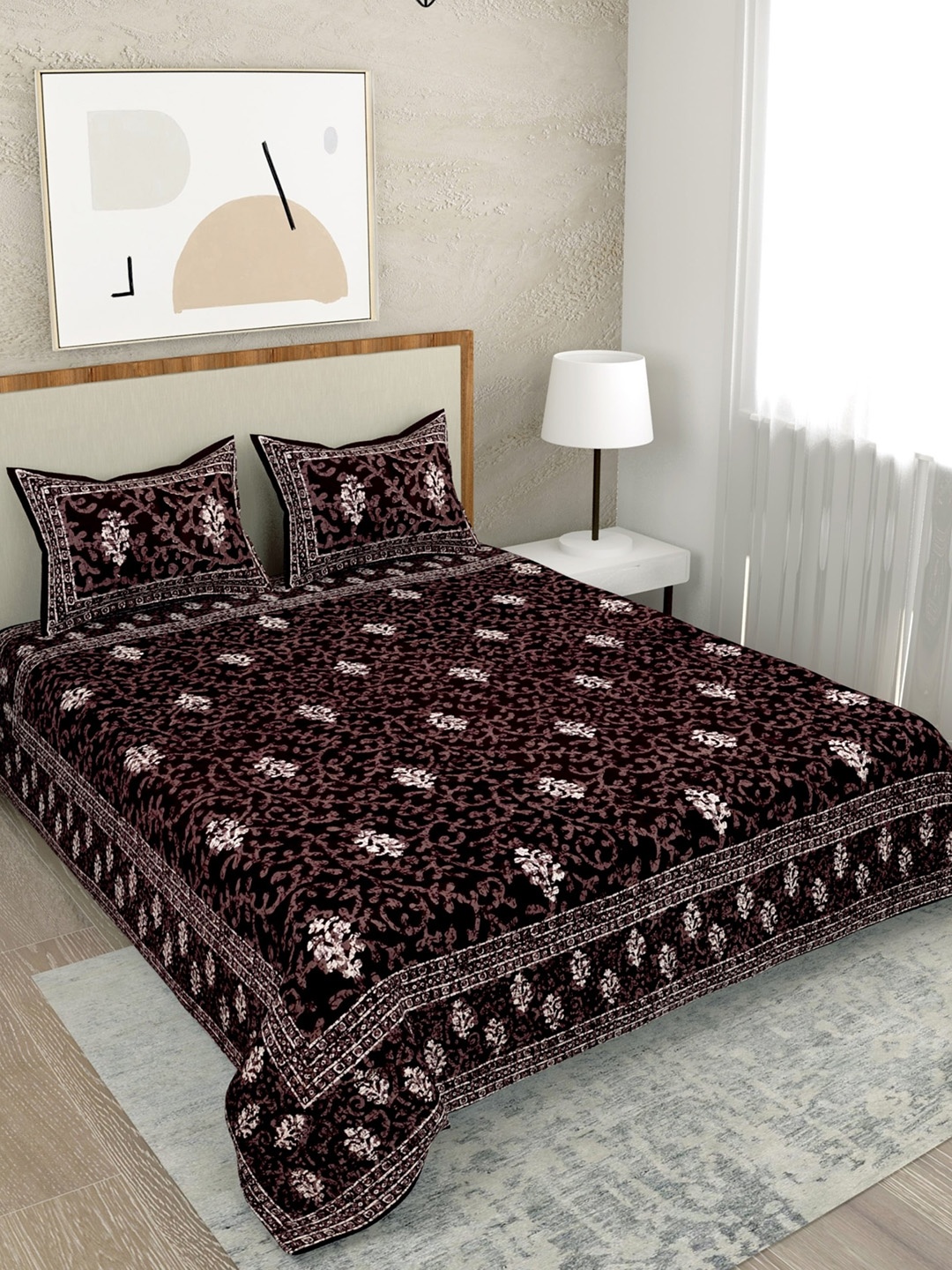 

Salona Bichona Brown & White 120 TC Floral Pure Cotton Queen Bedsheet with 2 Pillow Covers, Coffee brown