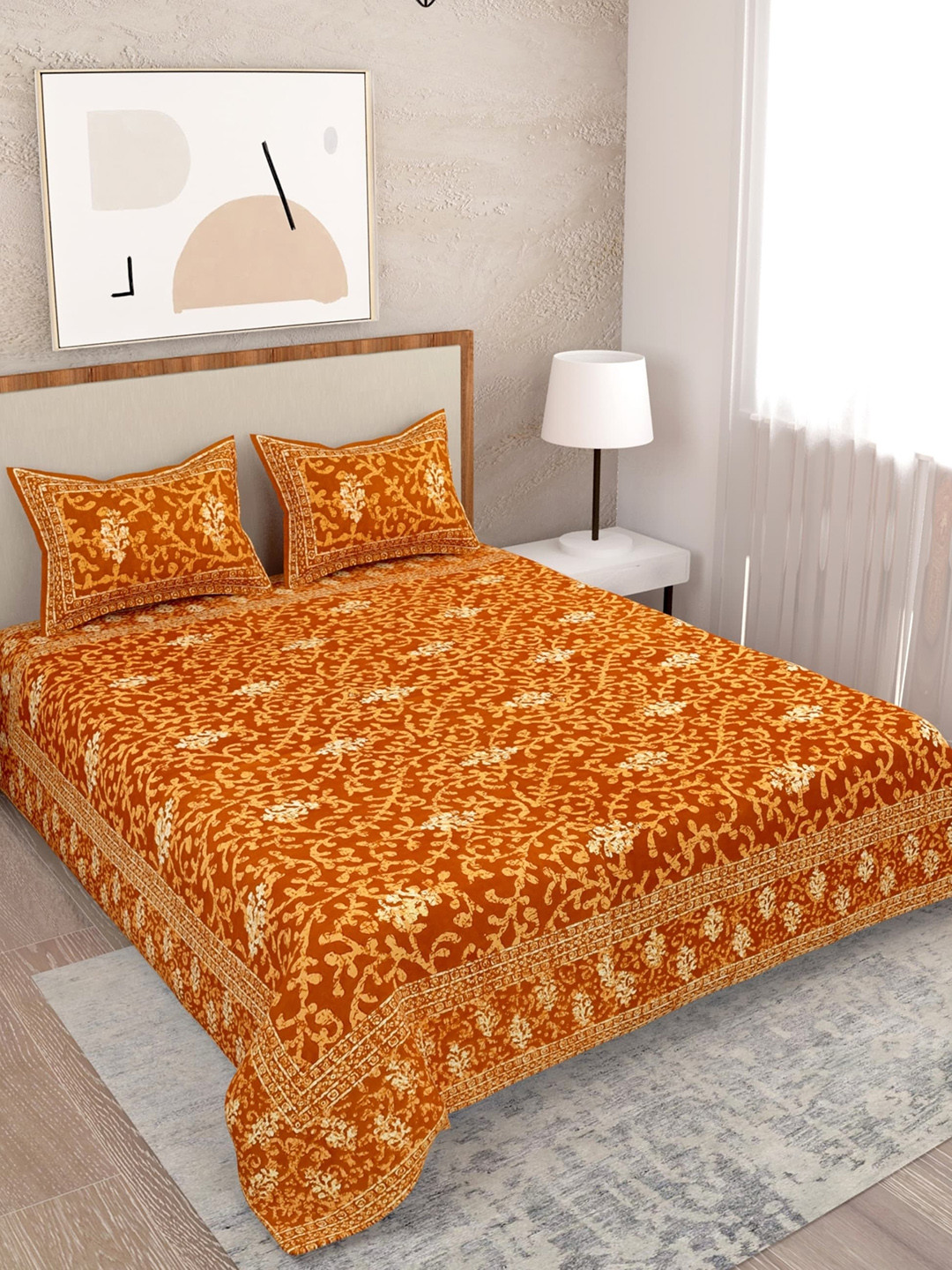 

Salona Bichona Rust & Cream 120 TC Floral Queen Pure Cotton Bedsheet with 2 Pillow Covers