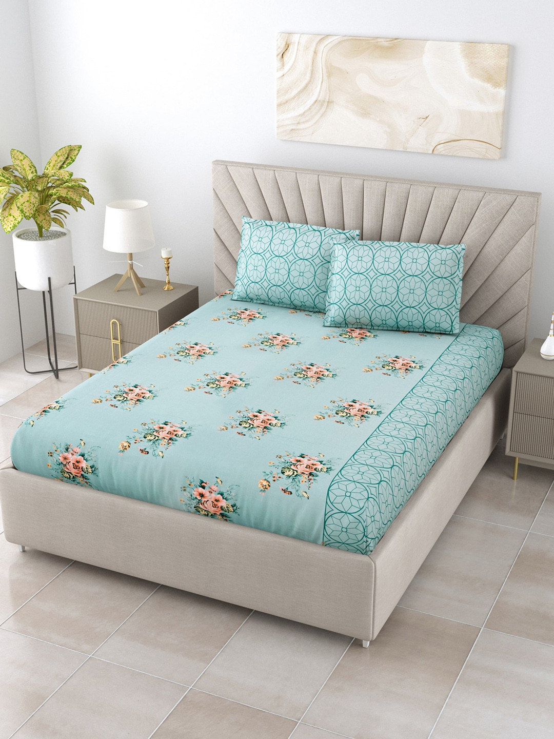 

Salona Bichona Turquoise & Pink 144 TC Floral Pure Cotton Queen Bedsheet & 2 Pillow Covers, Turquoise blue