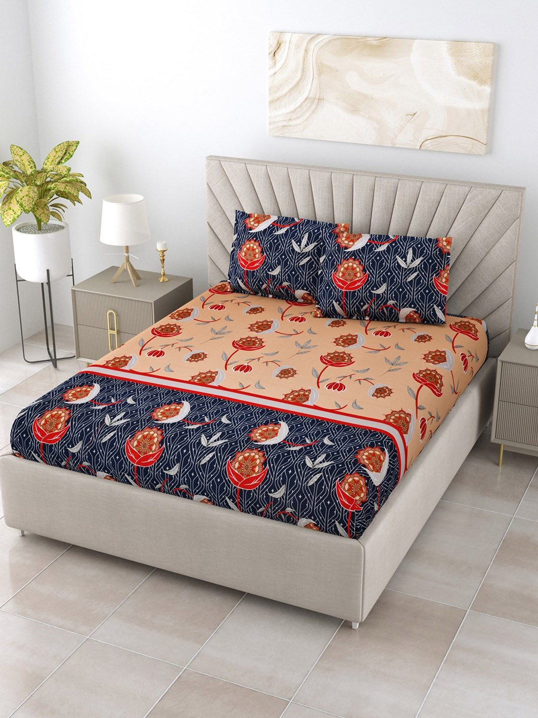 

Salona Bichona Blue & Beige 120 TC Floral Pure Cotton King Bedsheet with 2 Pillow Covers, Navy blue