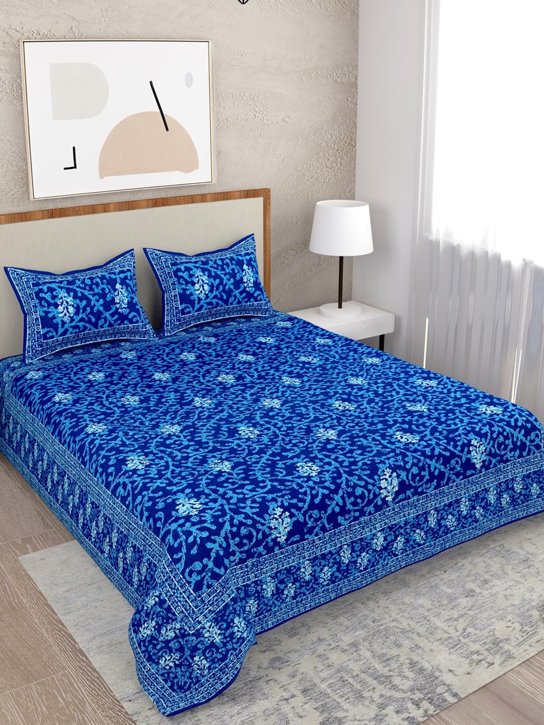

Salona Bichona Floral 120 TC Queen Cotton Bedsheet with 2 Pillow Covers, Blue