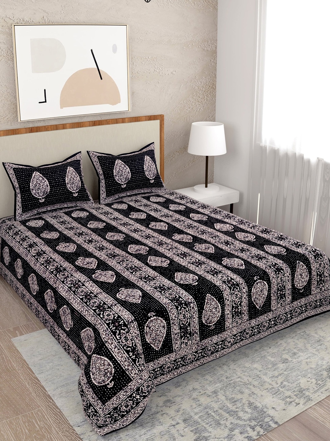 

Salona Bichona Black & Off White 120 TC Ethnic Pure Cotton Queen Bedsheet & 2 Pillow Cover