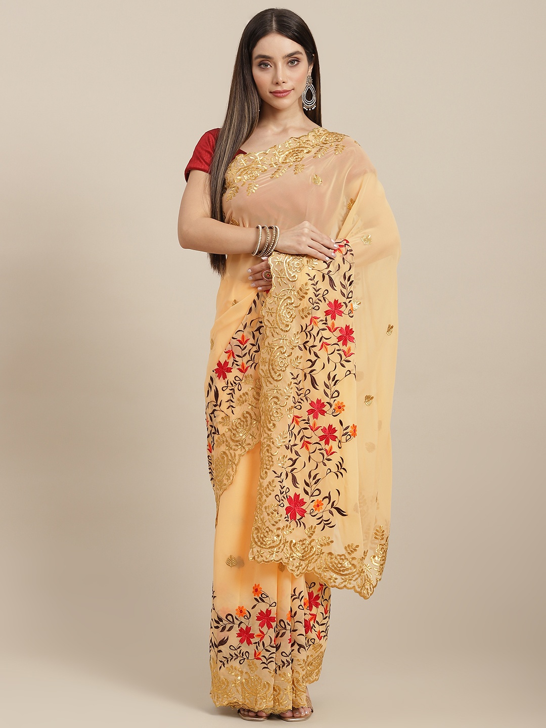 

MARUTI ART Beige & Coffee Brown Floral Embroidered Pure Georgette Saree