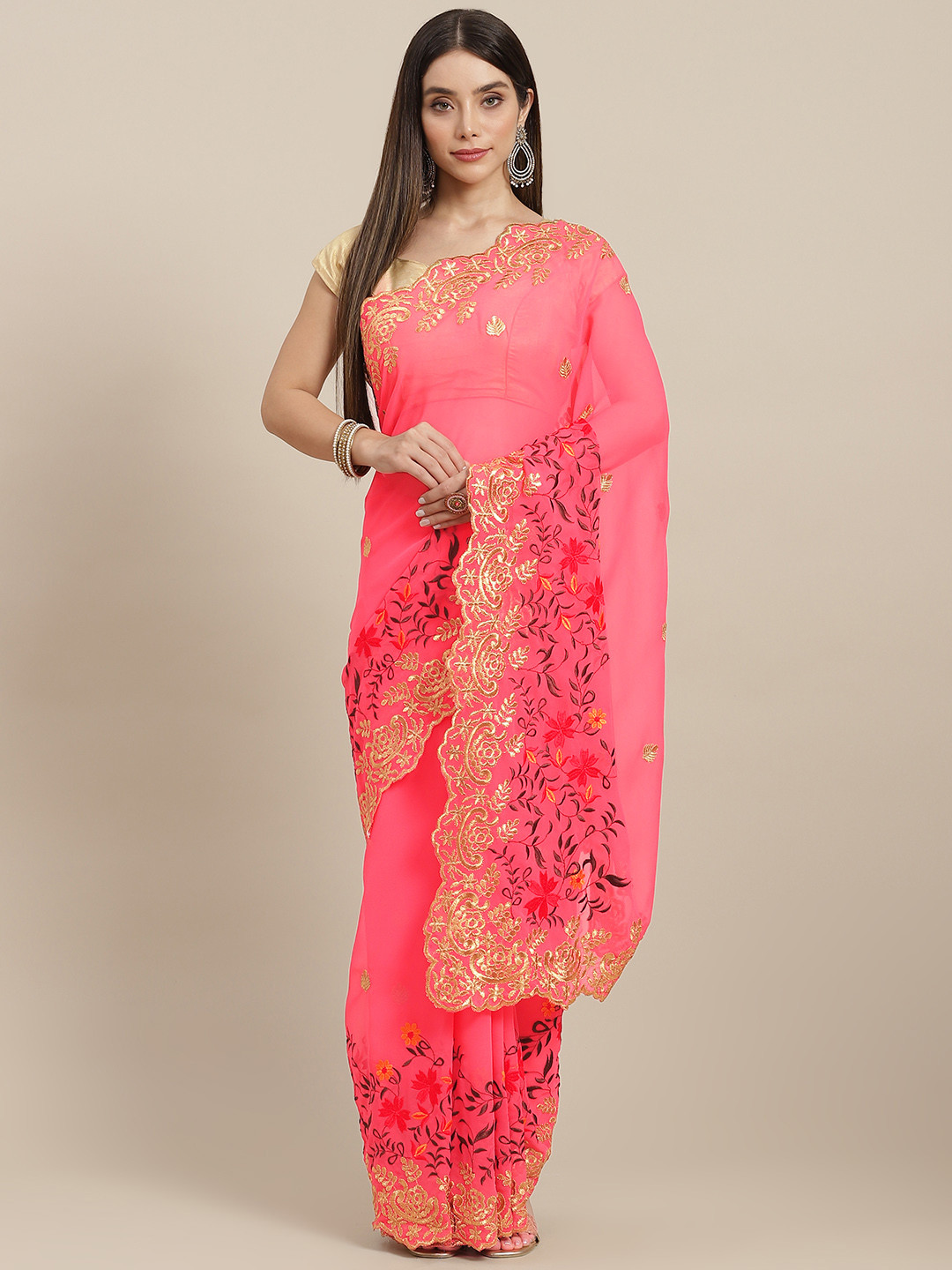 

MARUTI ART Peach-Coloured & Gold Floral Embroidered Pure Georgette Saree