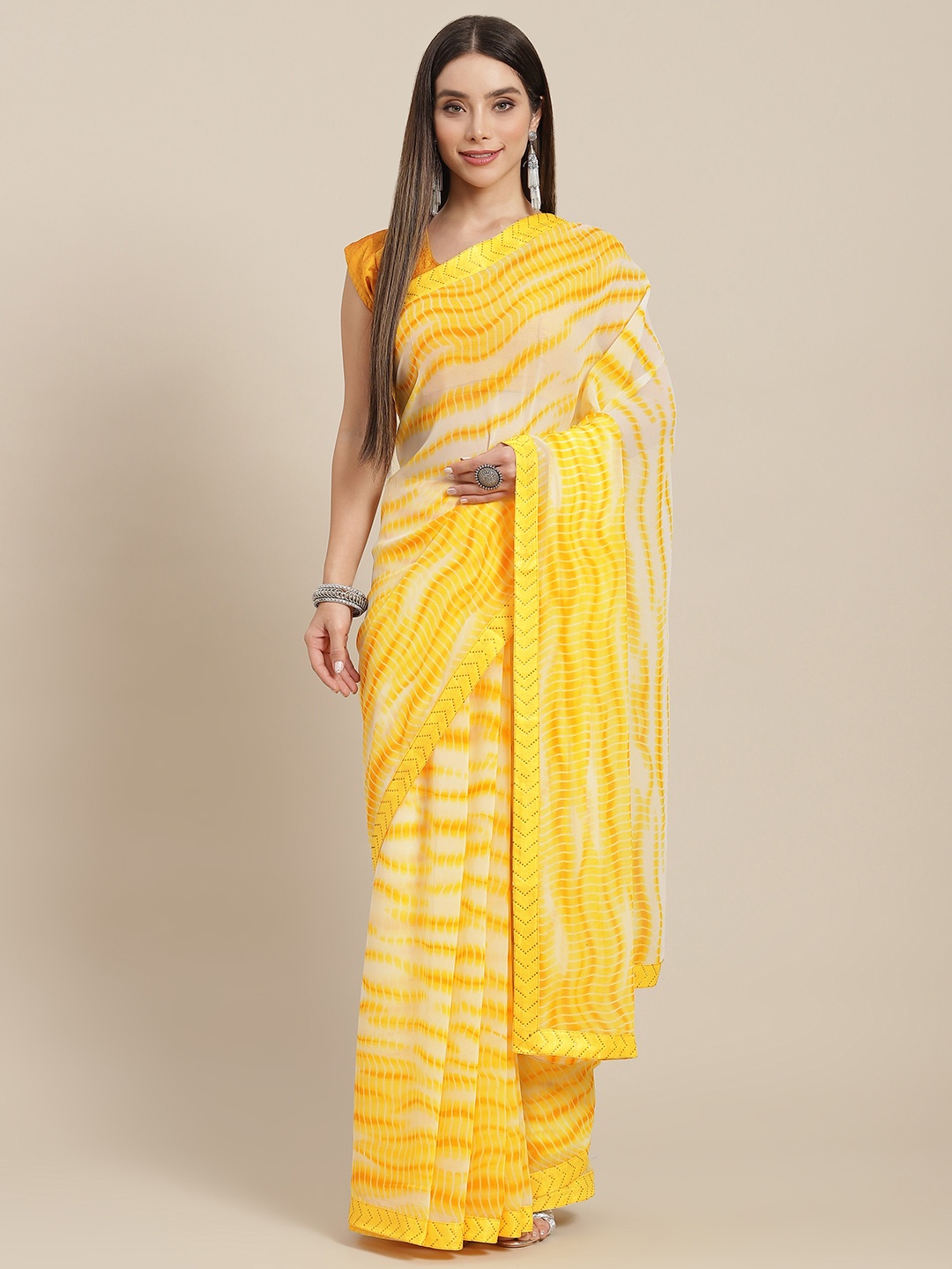 

MARUTI ART Yellow & White Leheriya Beads and Stones Pure Georgette Saree