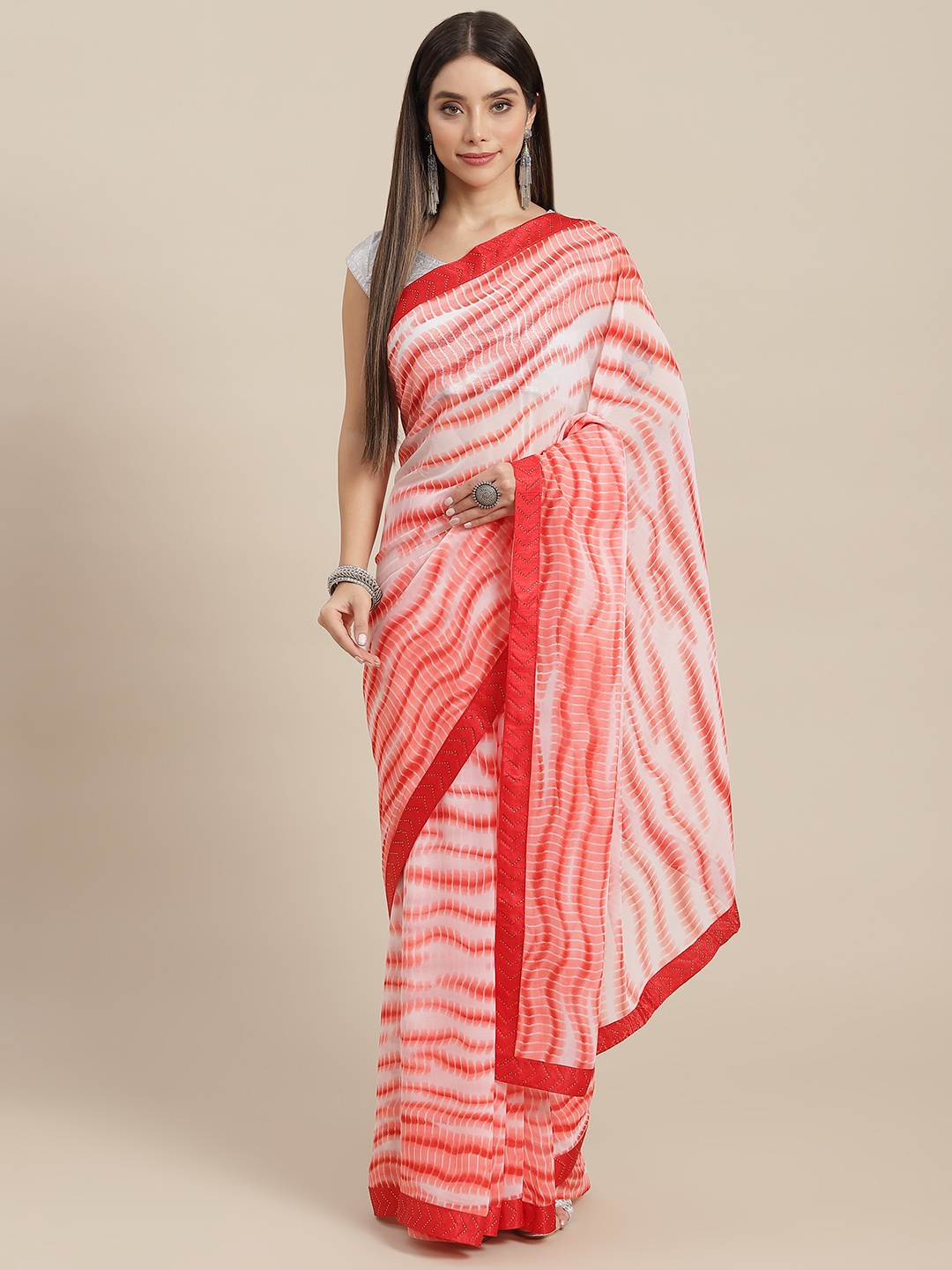 

MARUTI ART Red & White Leheriya Beads and Stones Pure Georgette Saree