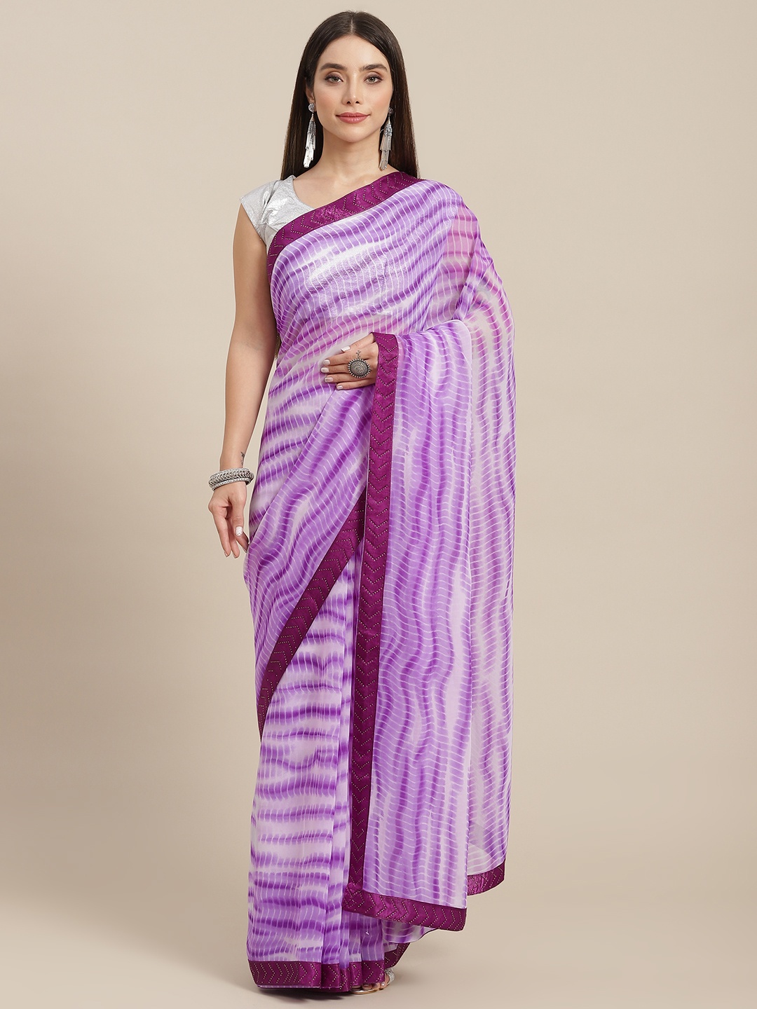 

MARUTI ART Purple & White Leheriya Beads and Stones Pure Georgette Saree