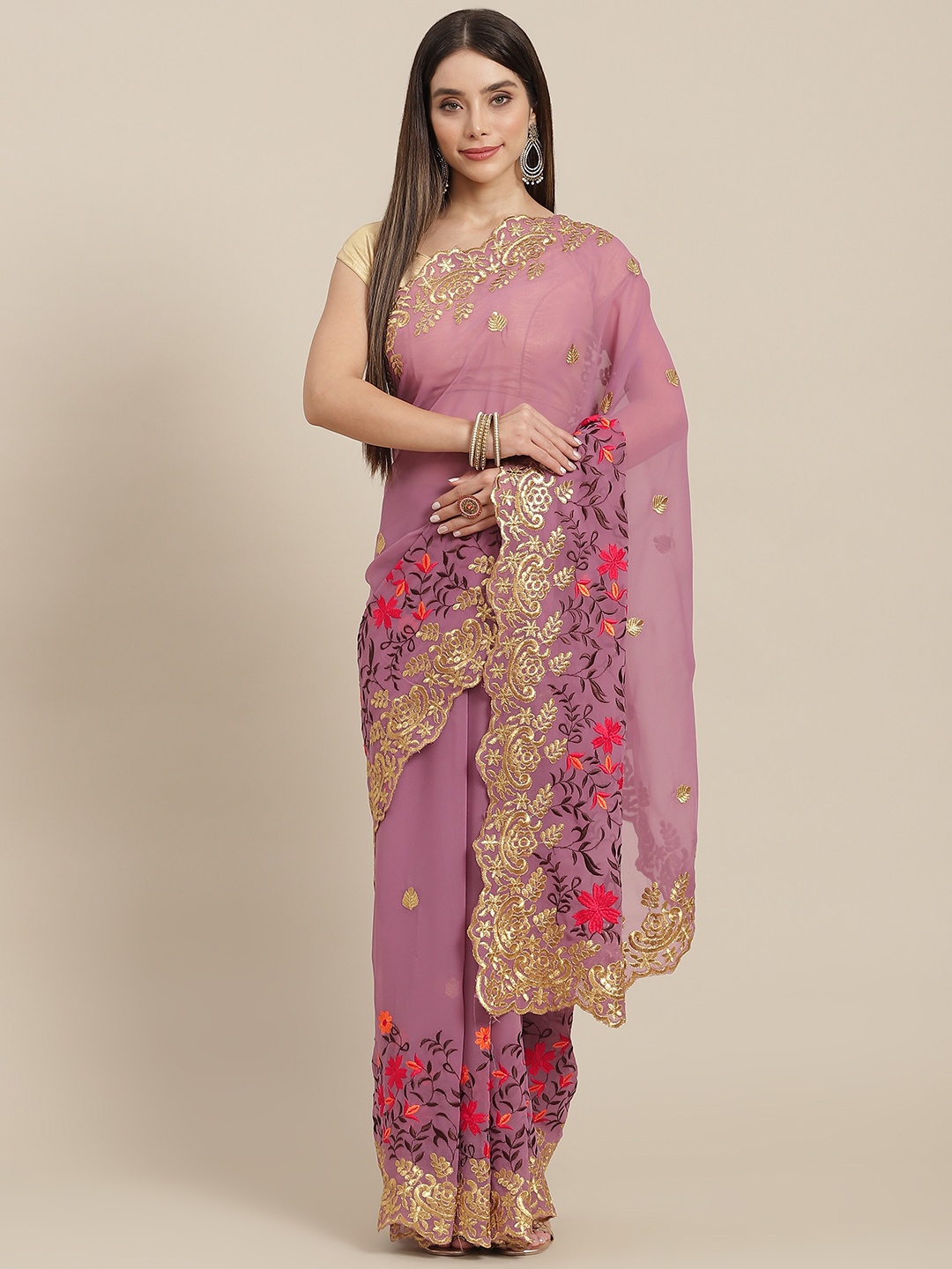 

MARUTI ART Mauve & Gold-Toned Floral Embroidered Pure Georgette Heavy Work Saree