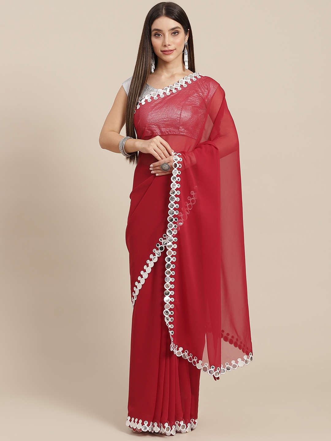 

MARUTI ART Maroon Mirror Work Pure Georgette Saree