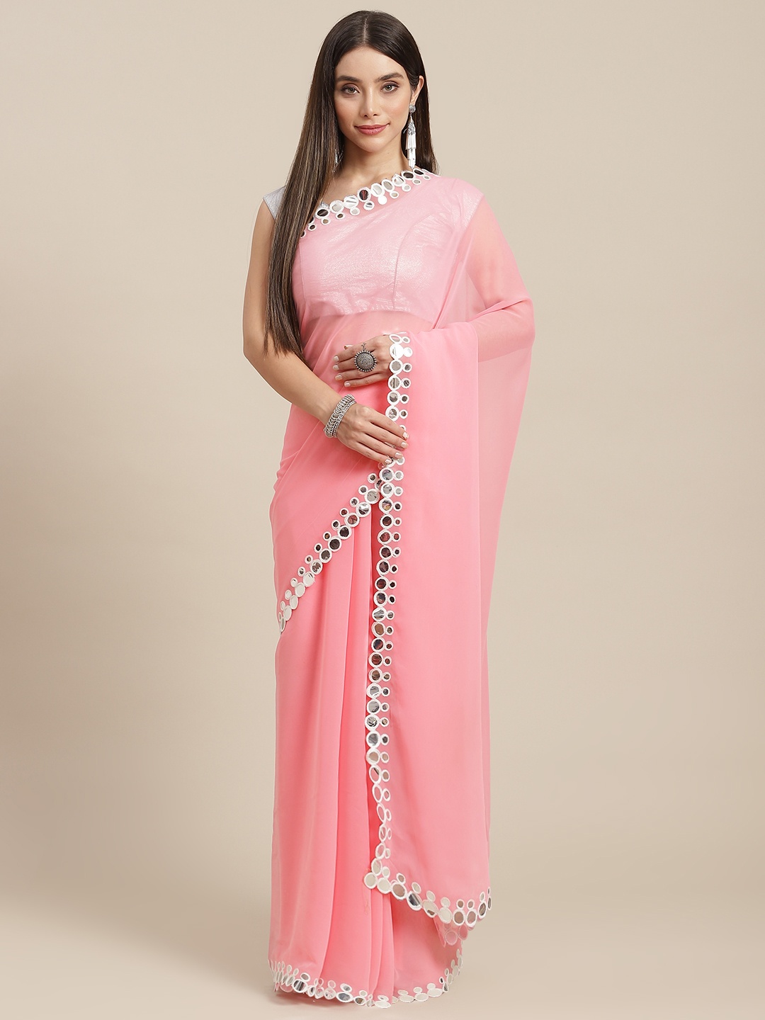 

MARUTI ART Pink Mirror Work Pure Georgette Saree