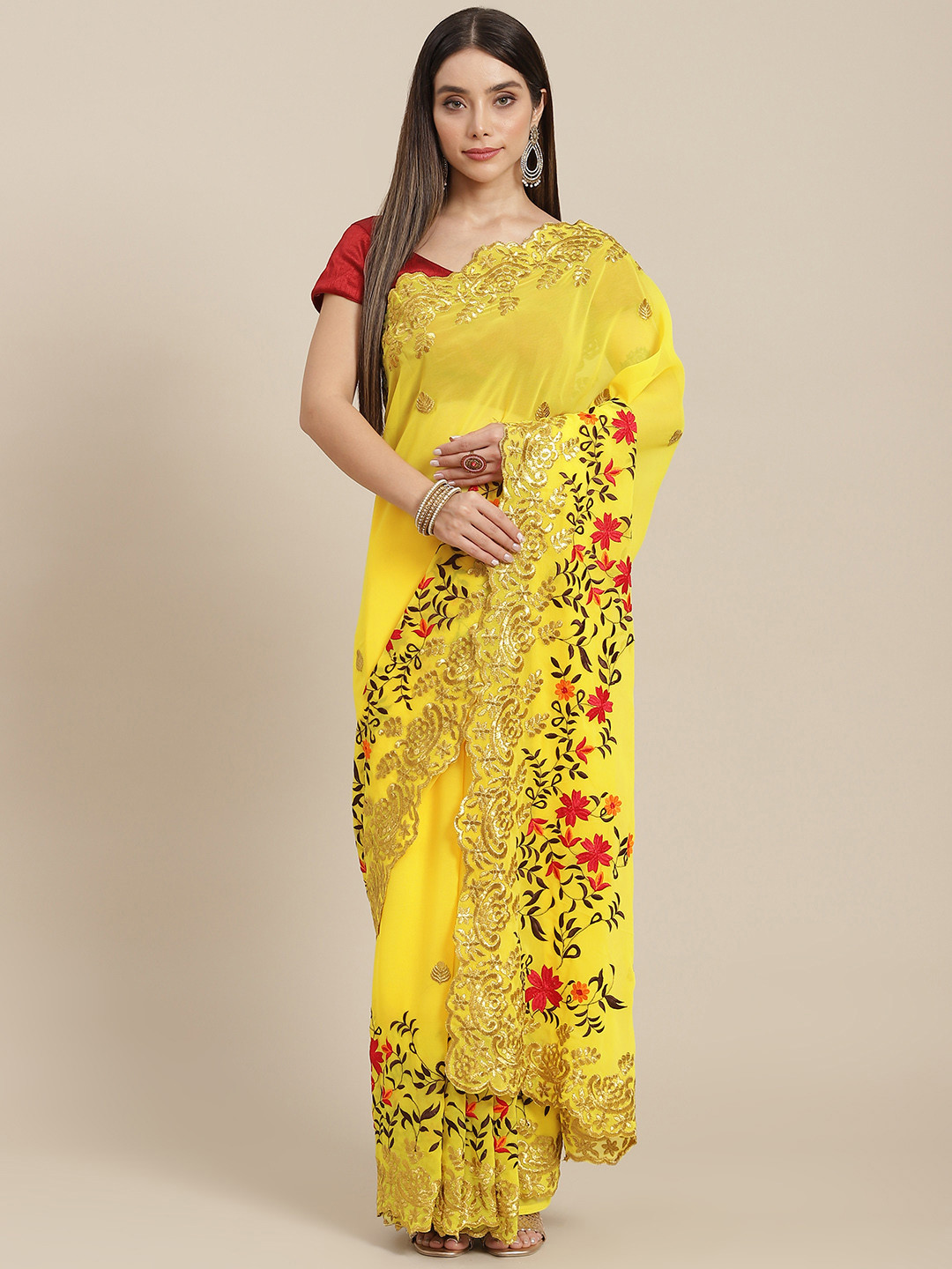 

MARUTI ART Yellow & Gold-Toned Floral Embroidered Pure Georgette Heavy Work Saree