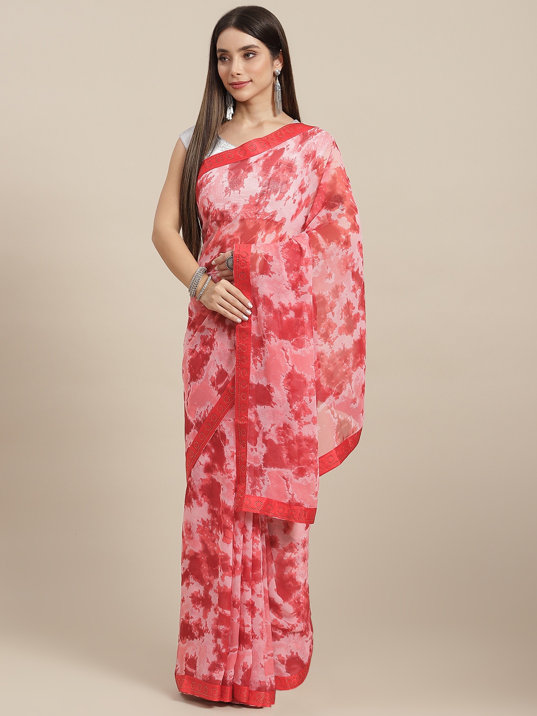 

MARUTI ART Red Beads and Stones Pure Georgette Saree