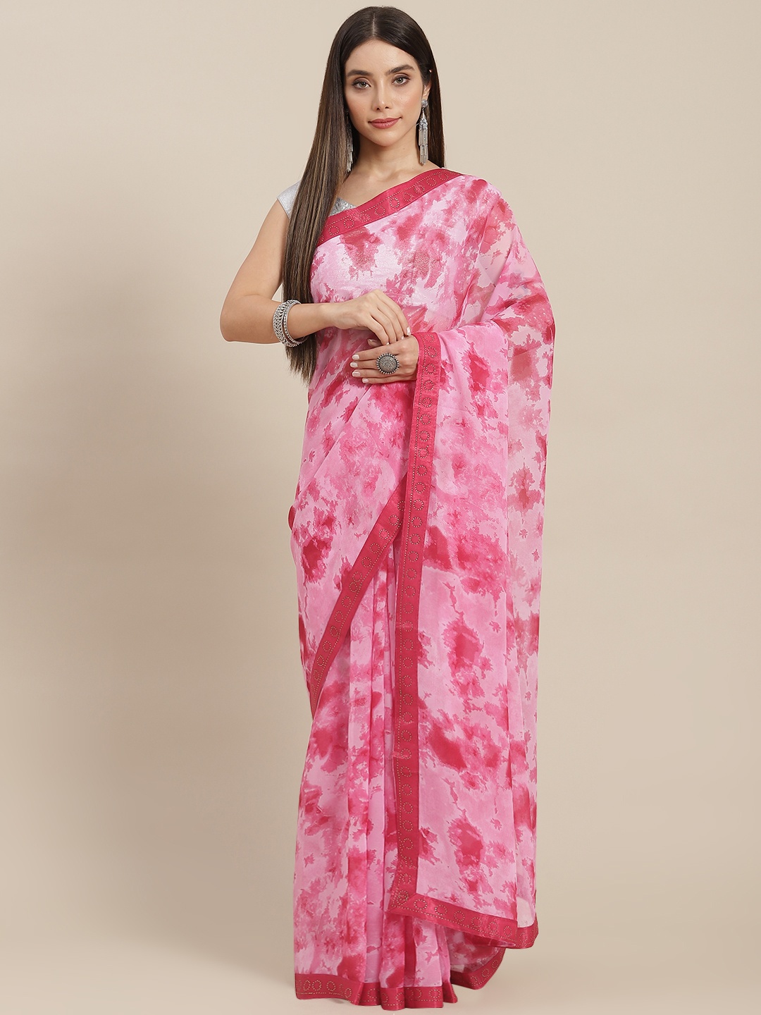 

MARUTI ART Pink Colourblocked Beads and Stones Pure Georgette Saree
