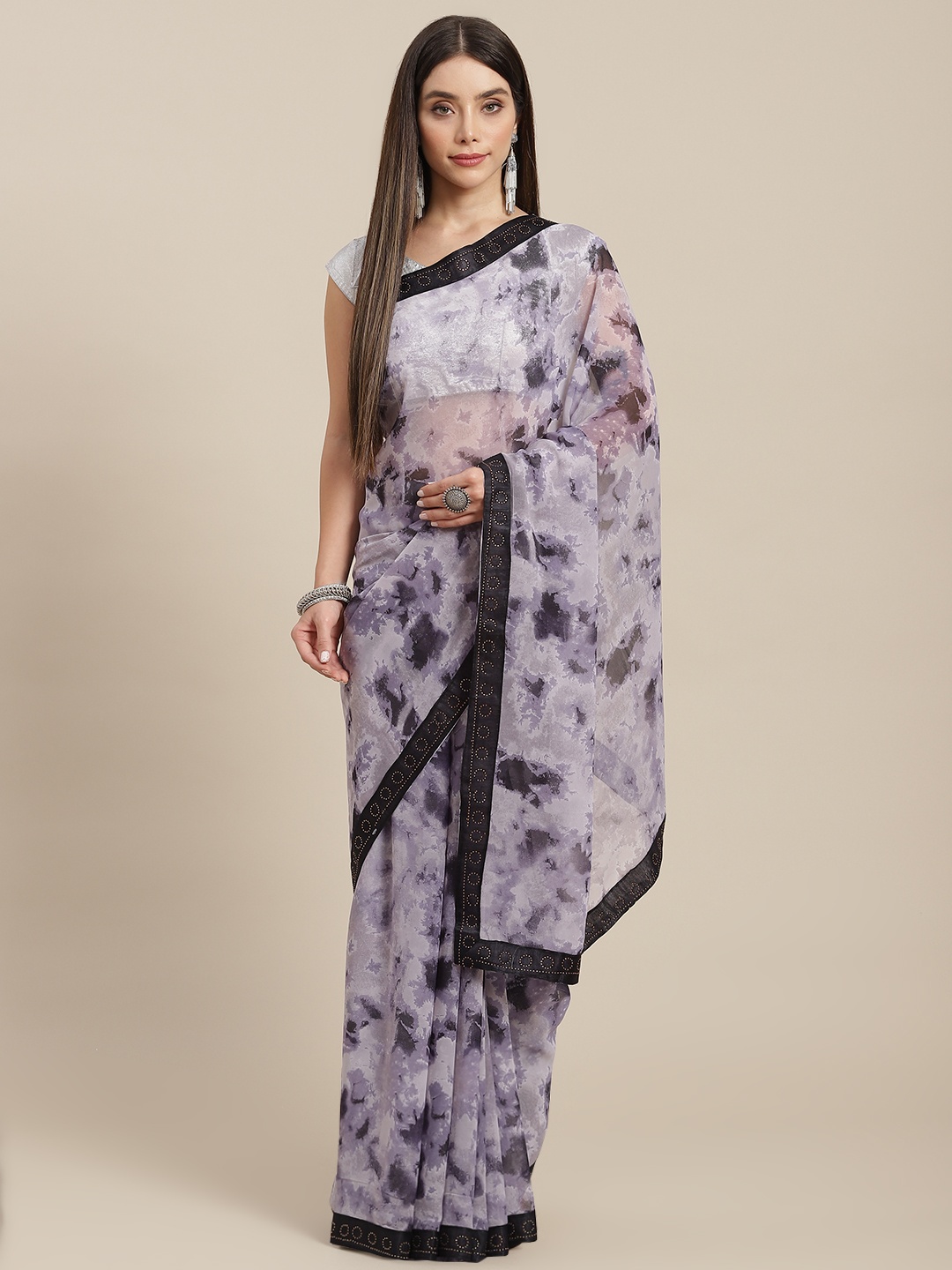 

MARUTI ART Black & Purple Beads and Stones Pure Georgette Saree