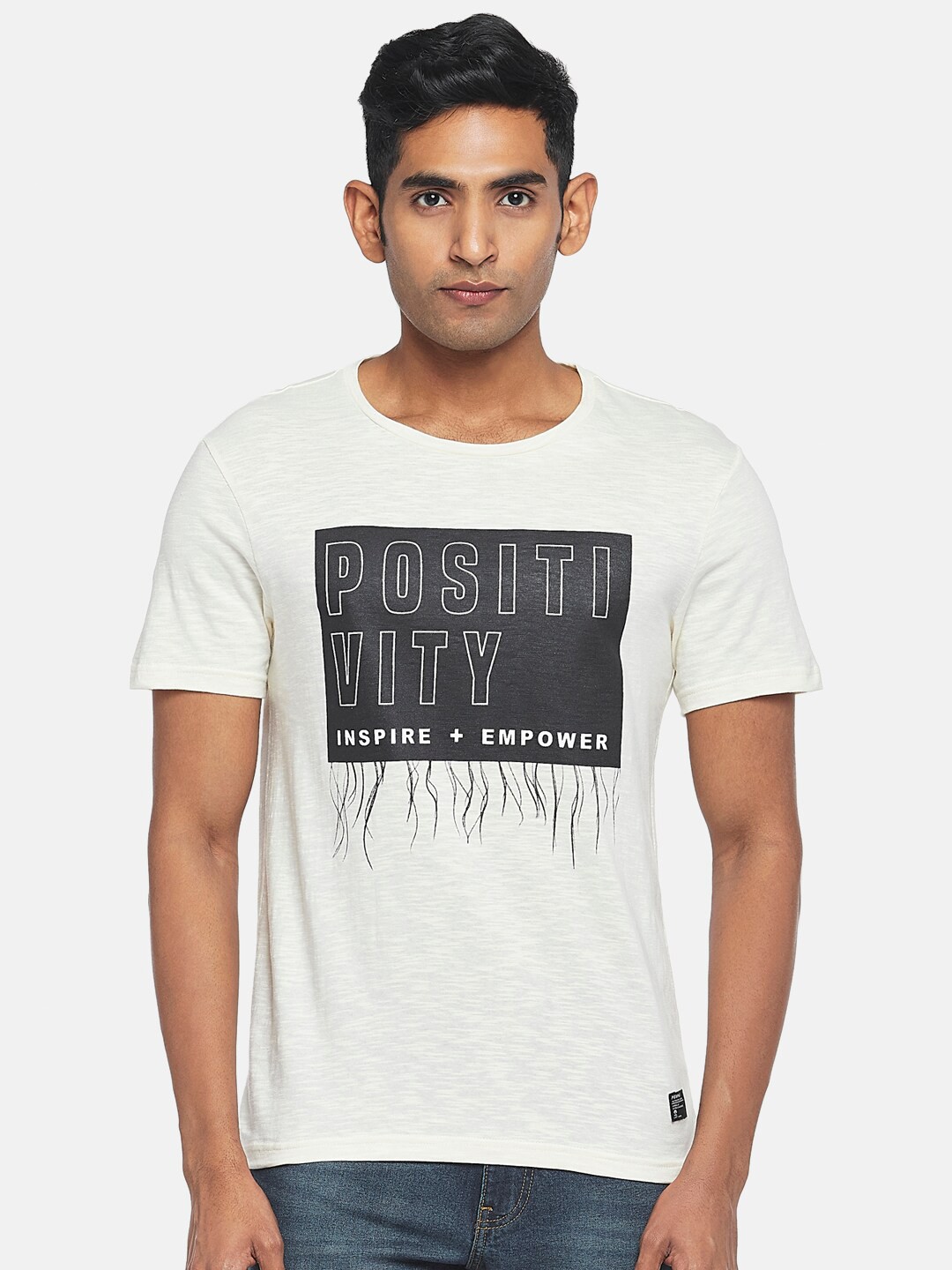 

People Men Off White Typography Printed Raw Edge Slim Fit T-shirt