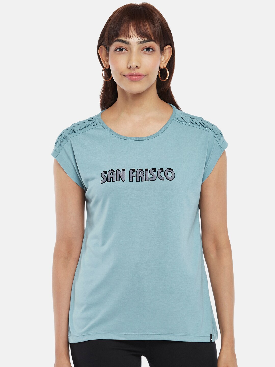

SF JEANS by Pantaloons Women Blue Typography Printed Extended Sleeves T-shirt