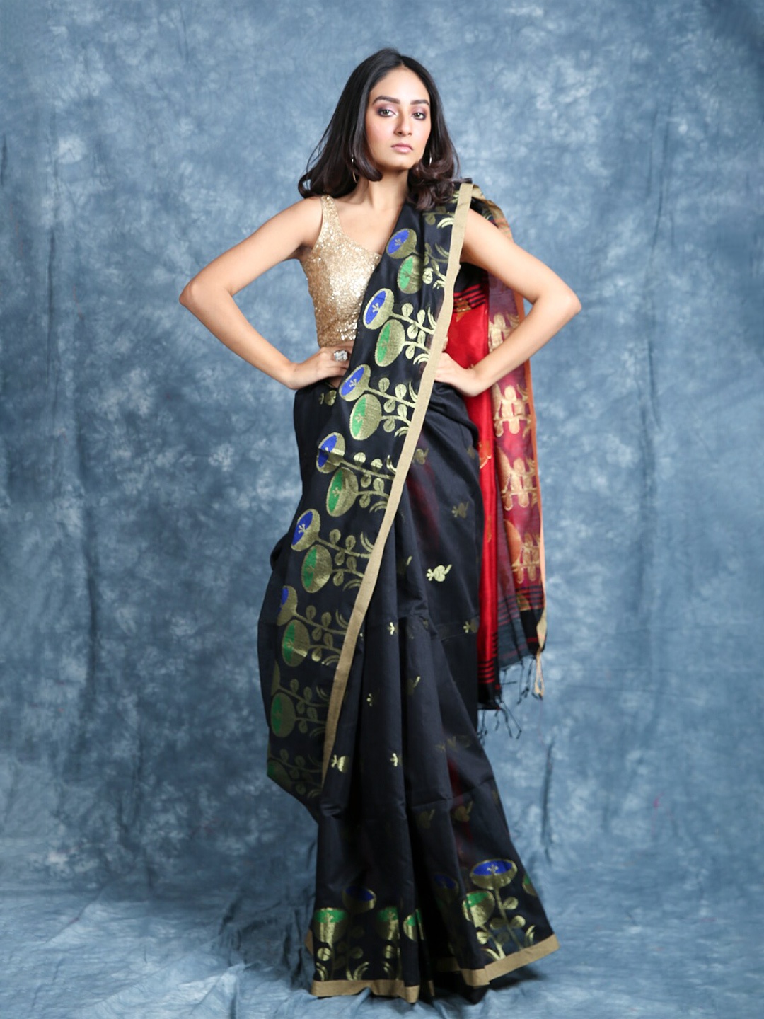 

Arhi Black & Red Ethnic Motifs Zari Saree