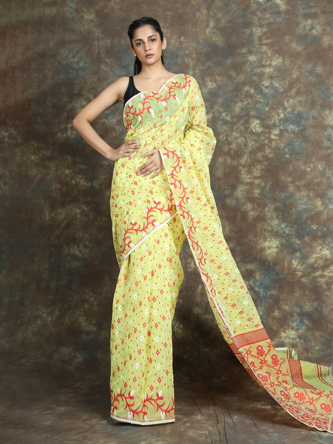 

Arhi Yellow & Red Woven Design Zari Silk Cotton Jamdani Saree
