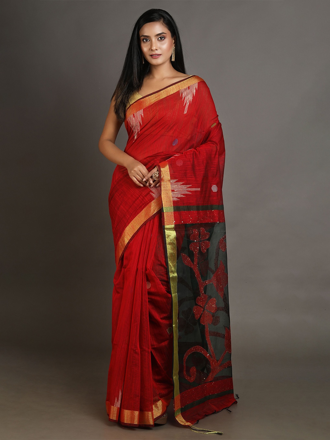 

Arhi Red & Black Woven Design Cotton Zari Saree