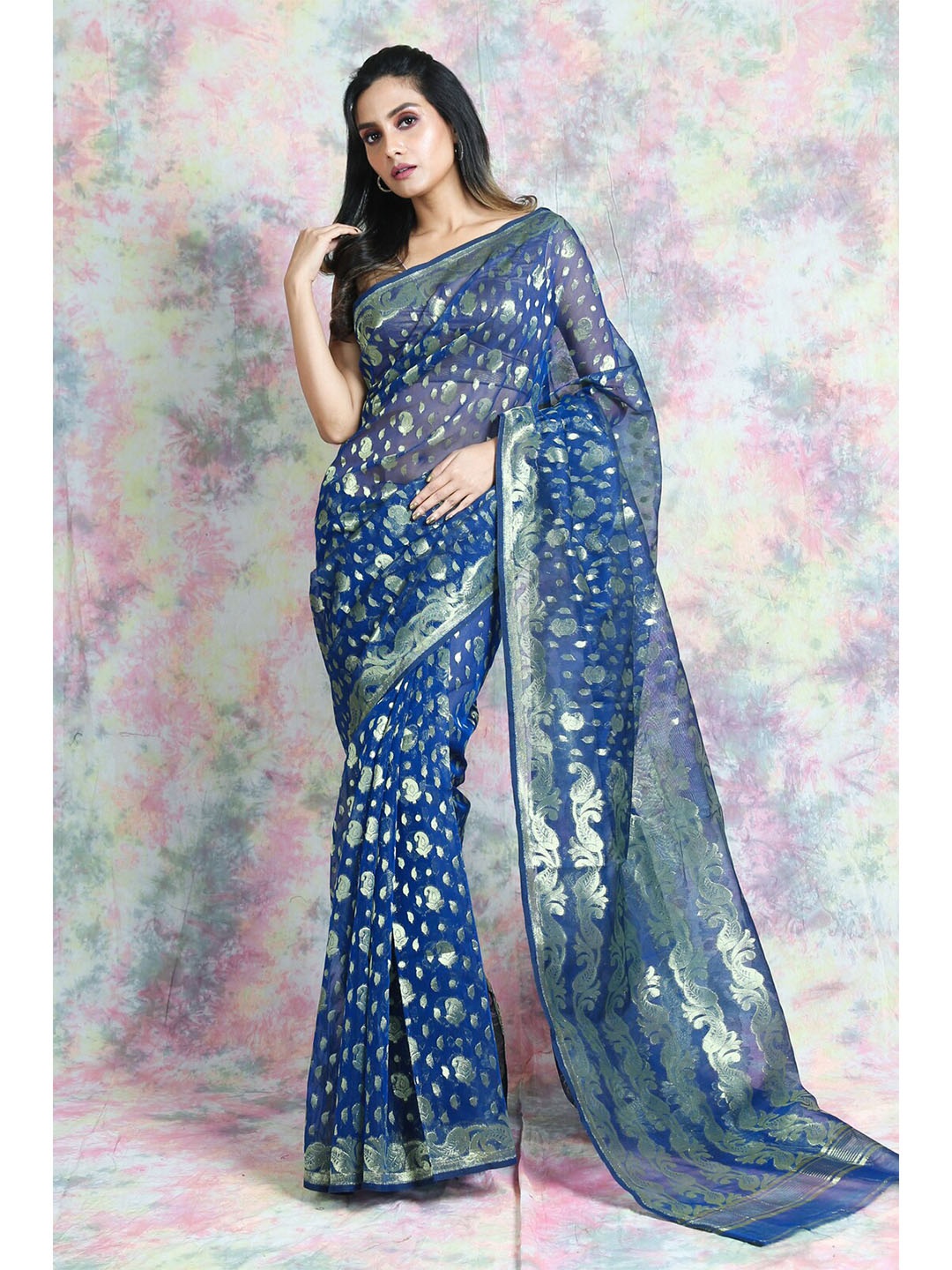 

Arhi Blue & Silver-Toned Woven Design Zari Silk Cotton Jamdani Saree