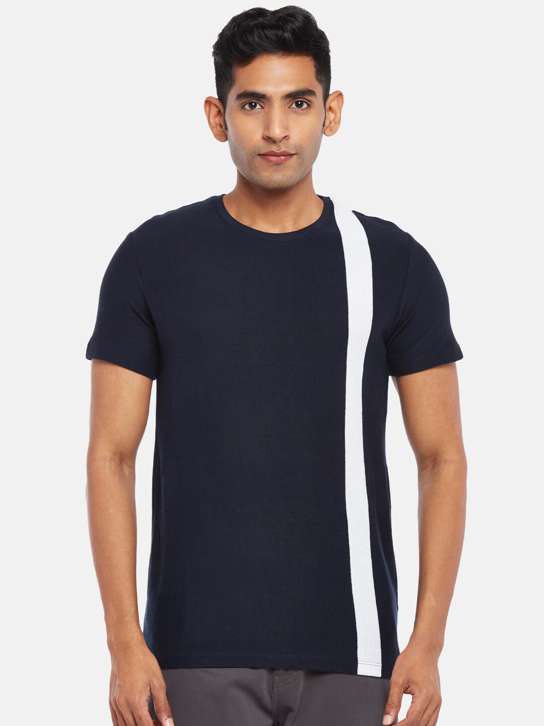 

Urban Ranger by pantaloons Men Navy Blue & White Striped Slim Fit T-shirt
