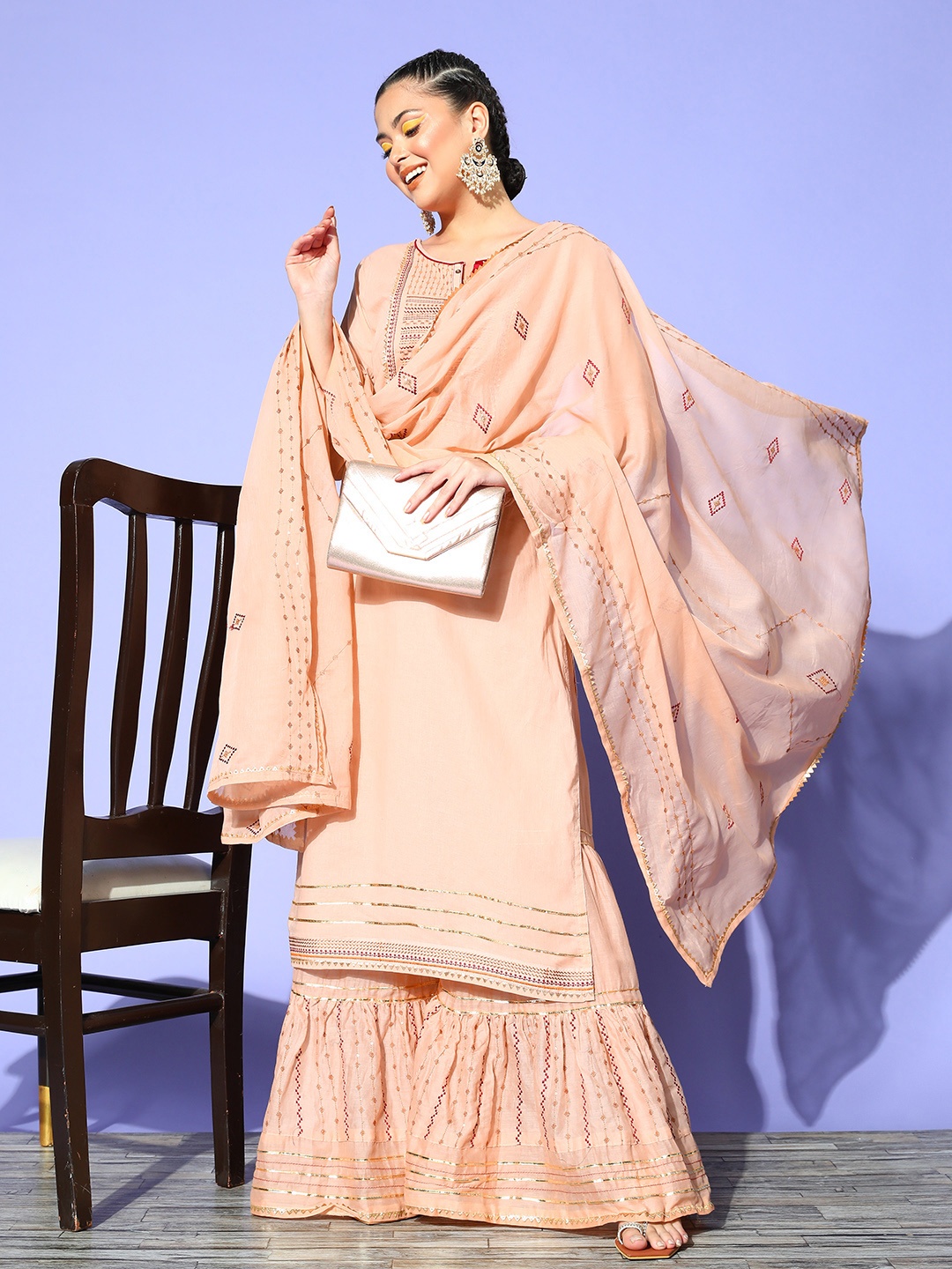 

SheWill Women Ethnic Motifs Cotton Blend Hyper Texture Kurta Set, Rose