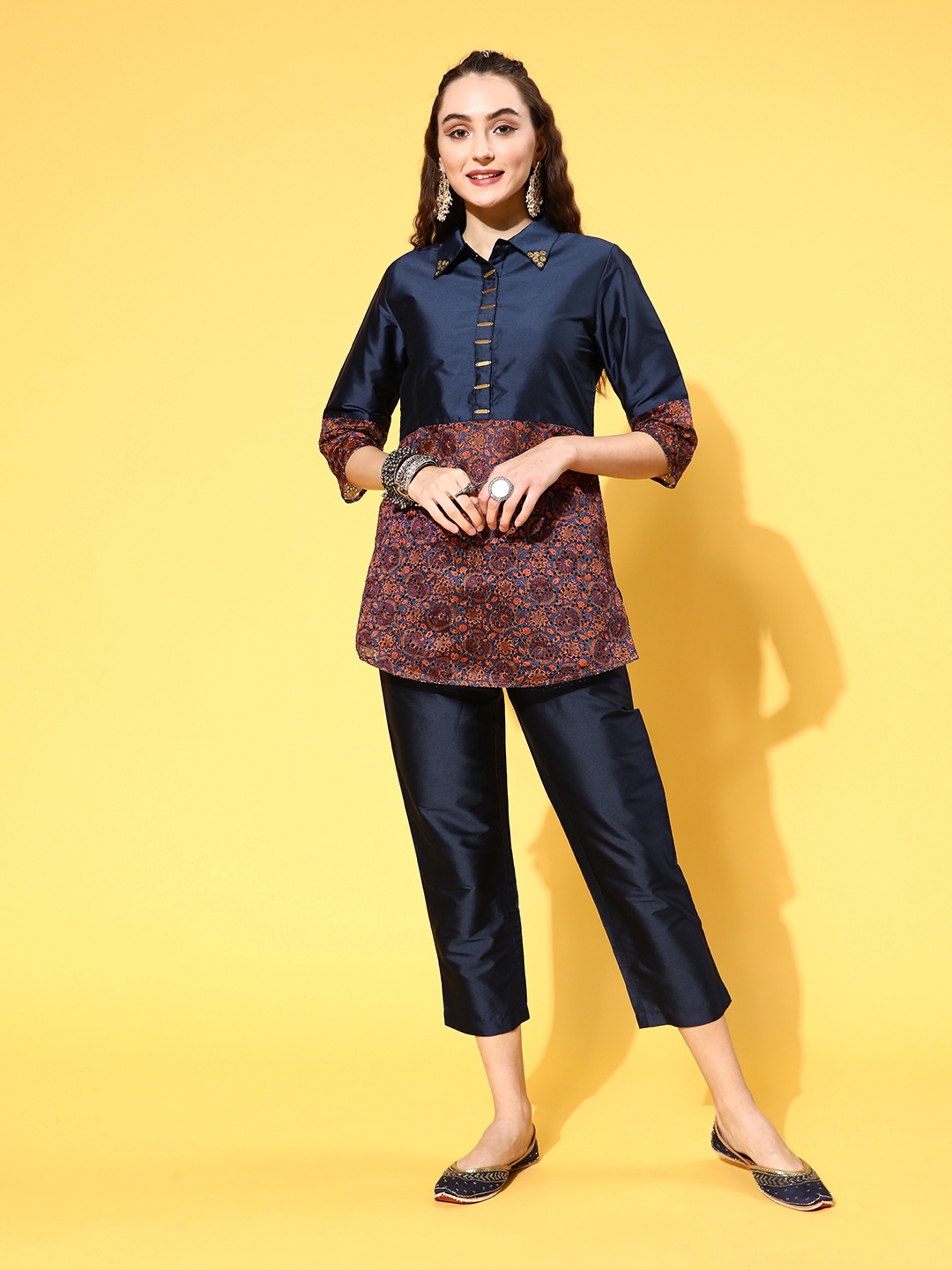 

Jaipur Kurti Women Navy Blue Printed Shirt with Solid Trousers